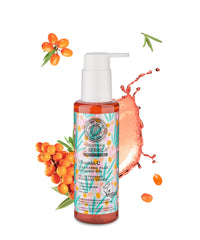 C-Berrica foaming gel texture close-up shows gentle lather and soothing skincare feel.