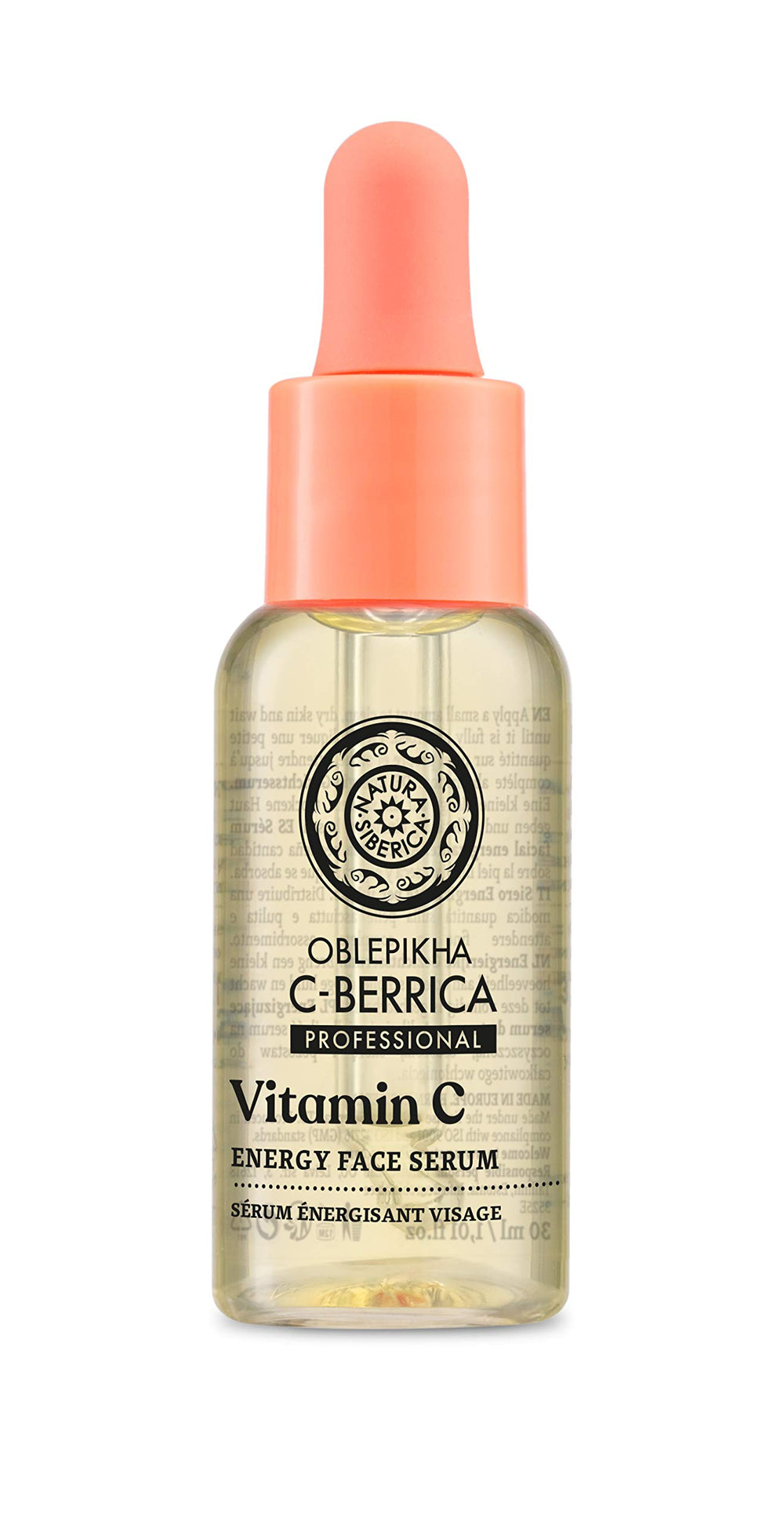 Natura Siberica C Berrica Energy Serum pump action close-up highlighting quick absorption.