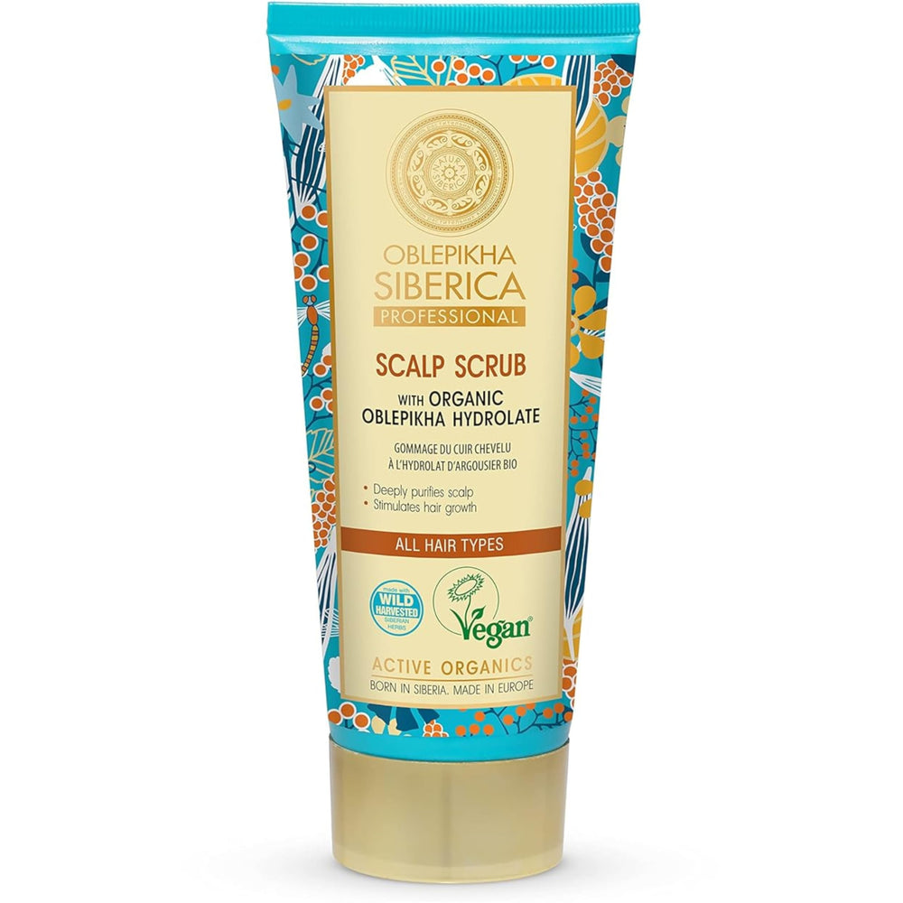 Natura Siberica Oblepikha scrub bottle promoting gentle scalp exfoliation and nourishment.