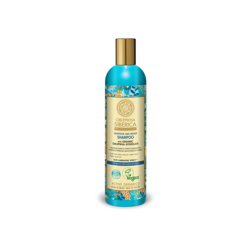 Natura Siberica Oblepikha Shampoo bottle close-up highlighting nourishing care for damaged hair