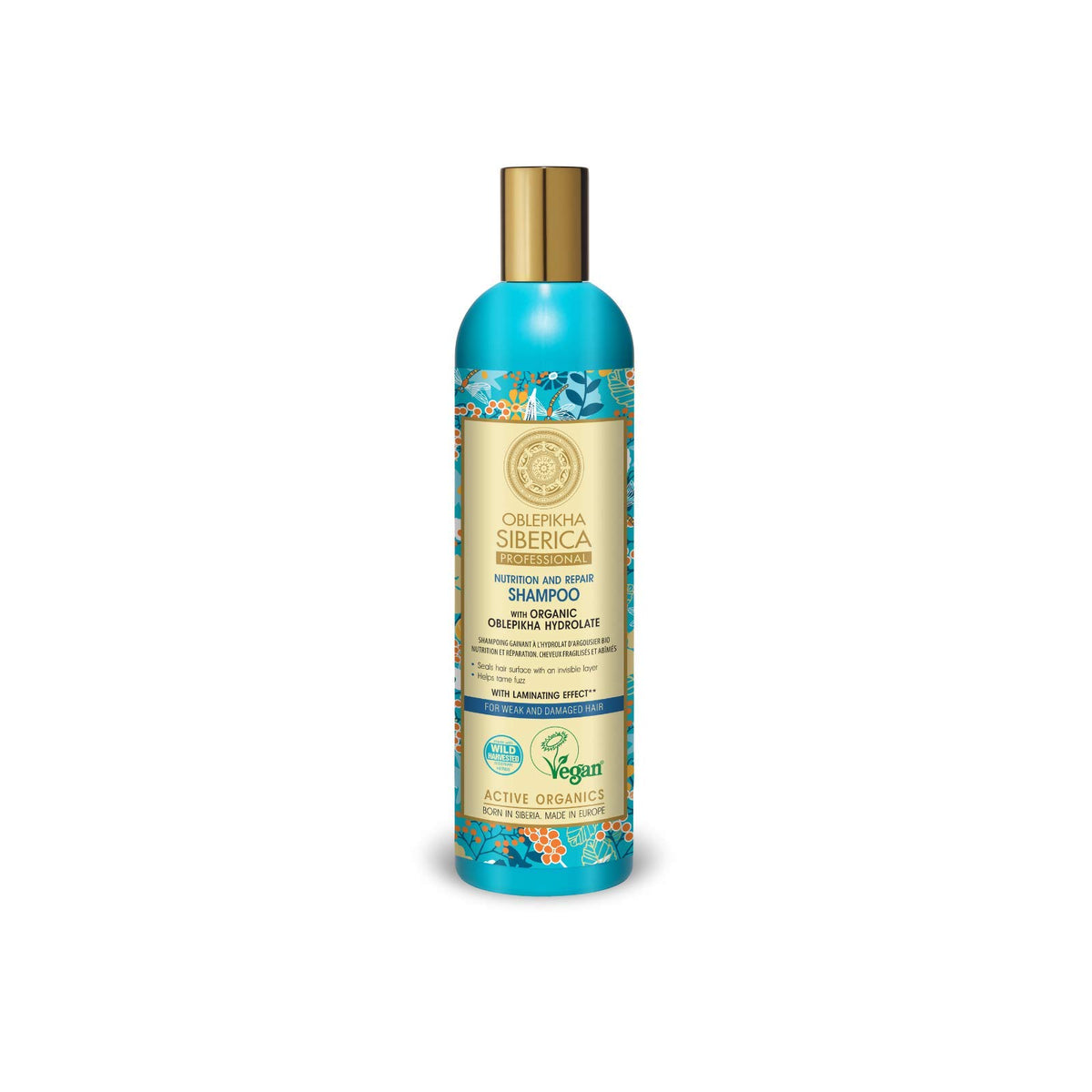 Natura Siberica Oblepikha Shampoo bottle close-up highlighting nourishing care for damaged hair