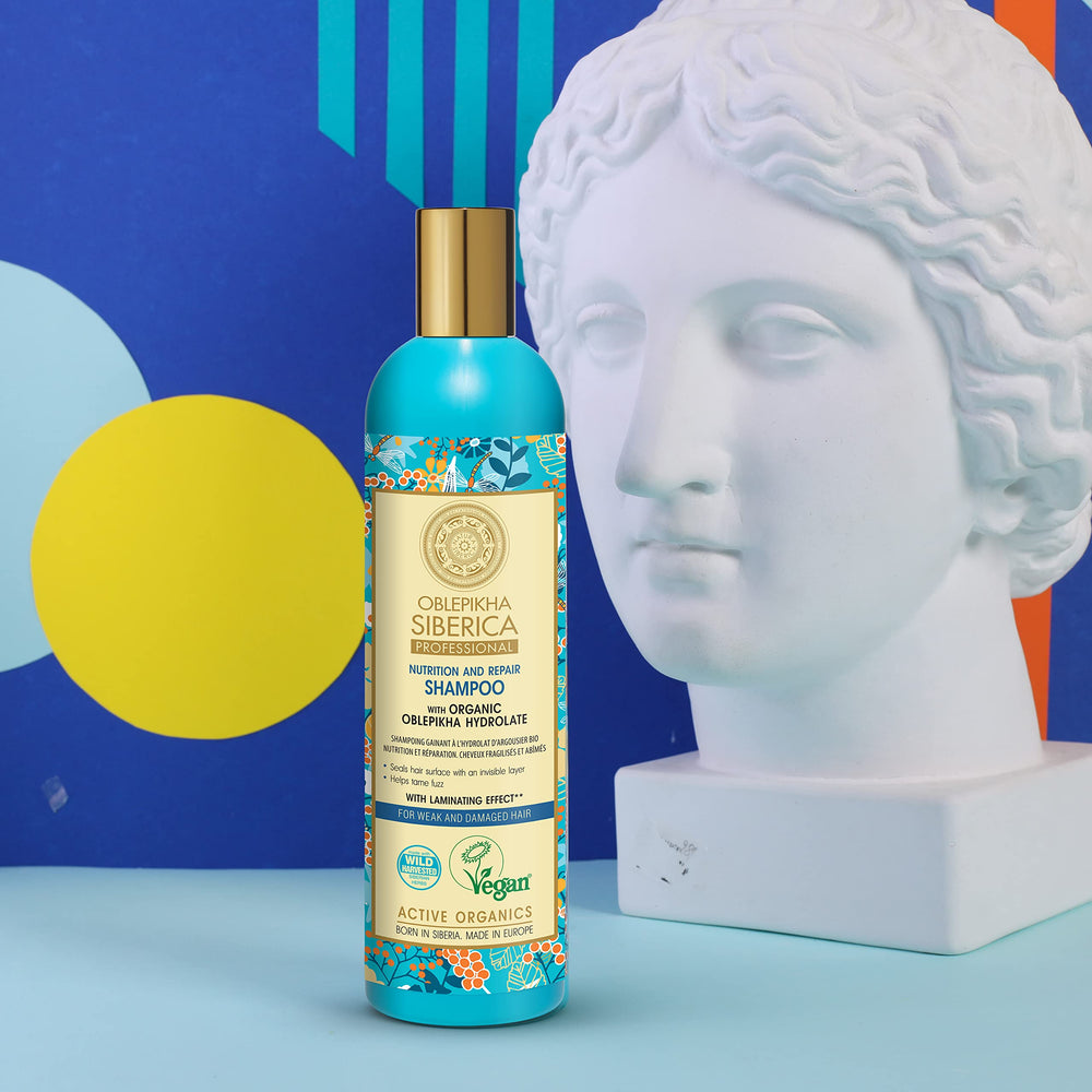 Natura Siberica Oblepikha Shampoo texture close-up suggesting creamy lather and gentle cleansing