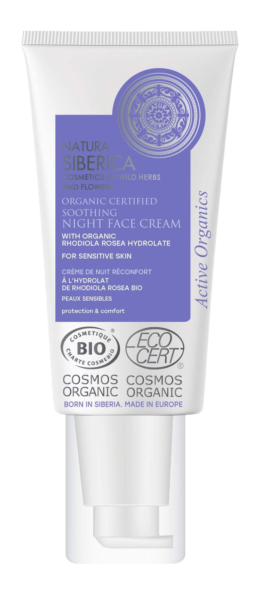 Natura Siberica Rhodiola night cream tube calms sensitive skin and hydrates.