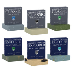 NATURAL AMERICAN men's bar soap pack of 6 bars showing premium natural ingredients for daily cleansing