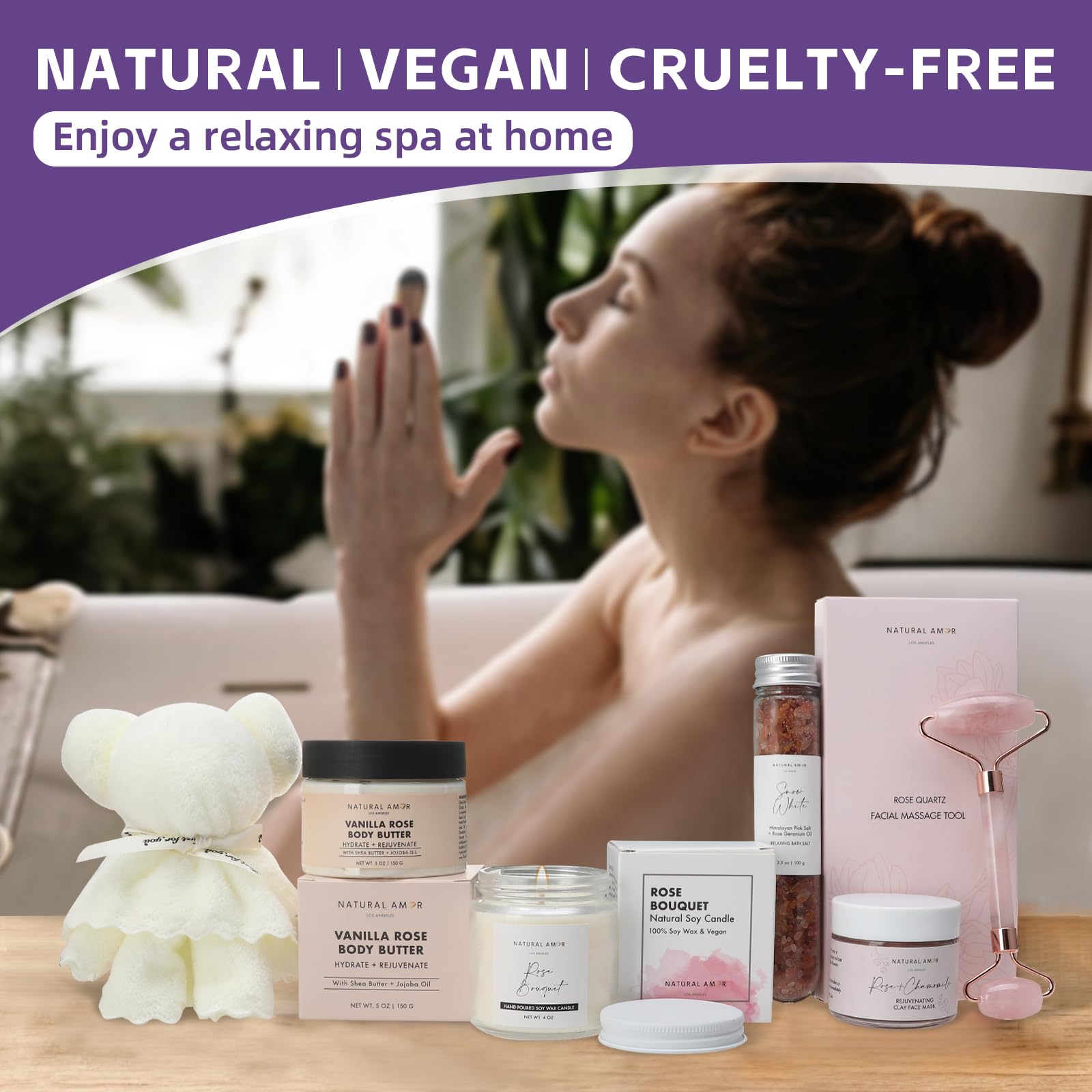 Natural Amor Pink Quartz Roller for gentle facial massage.