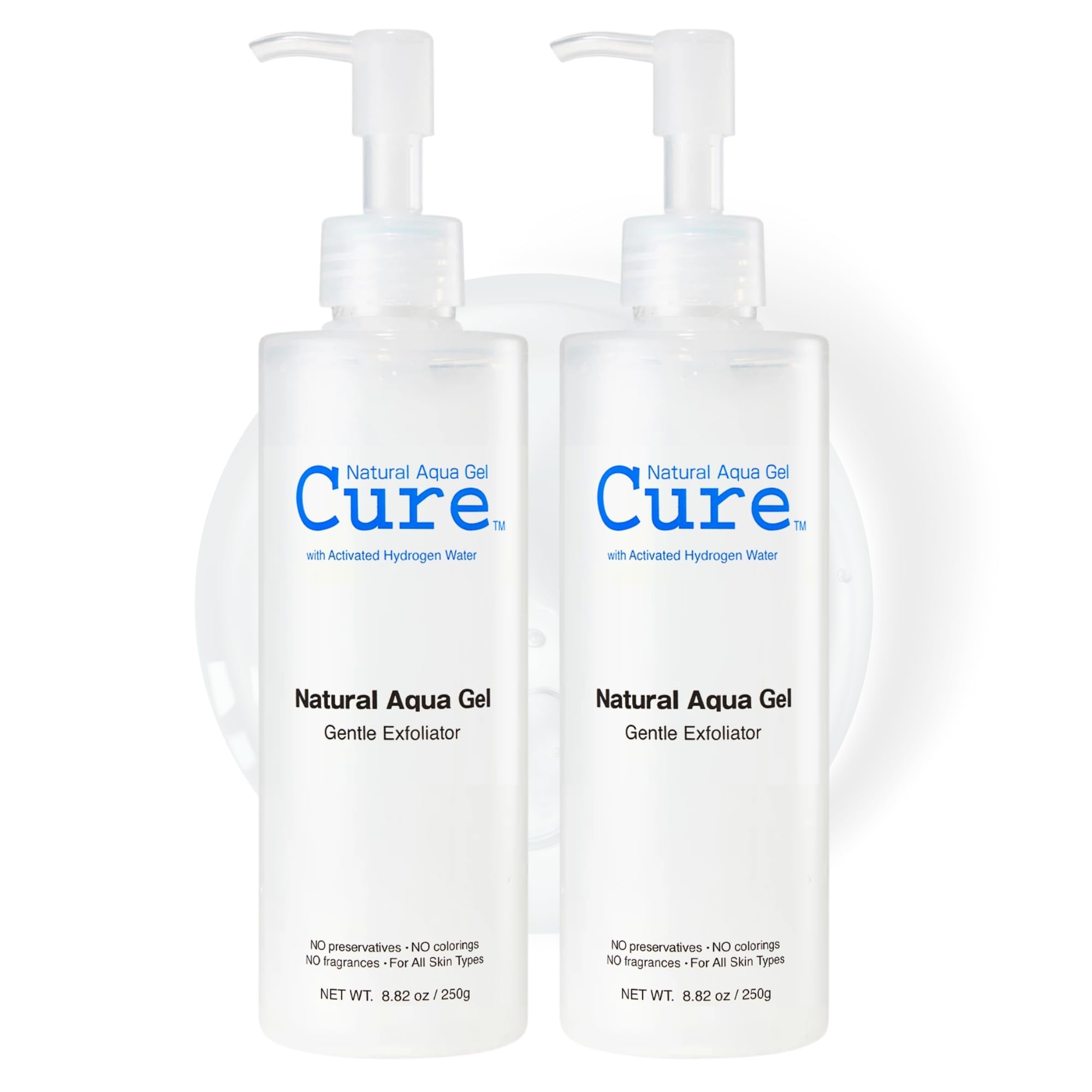Natural Aqua Gel Cure bottle on shelf, signaling a gentle exfoliation option.