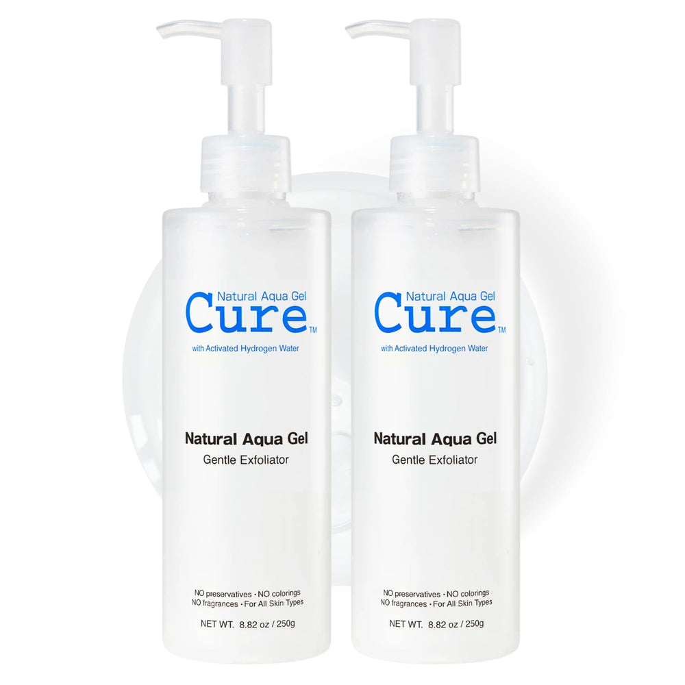 Natural Aqua Gel Cure bottle on shelf, signaling a gentle exfoliation option.