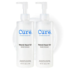 Natural Aqua Gel Cure bottle on shelf, signaling a gentle exfoliation option.