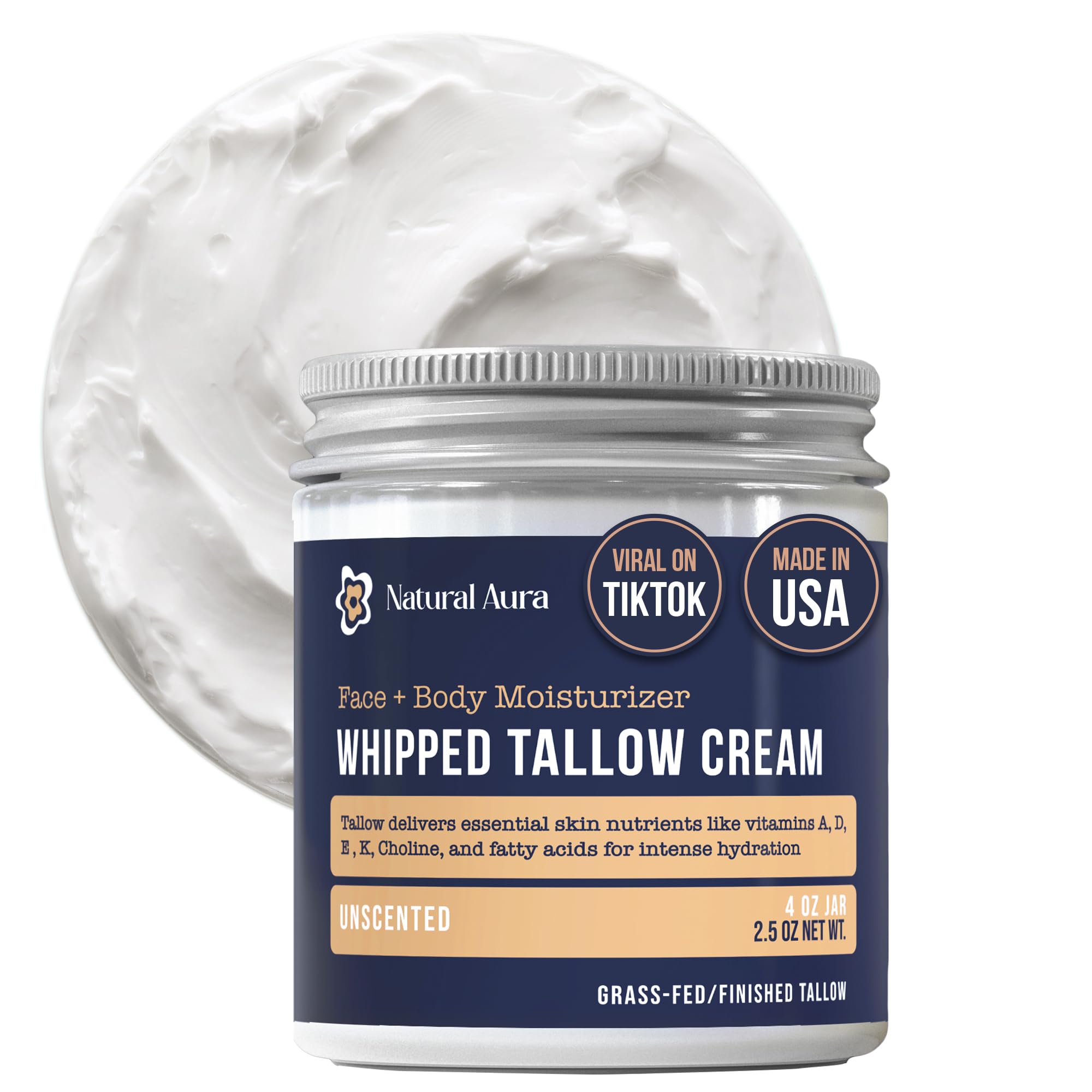 Natural Aura whipped tallow jar ready for deep hydration on skin