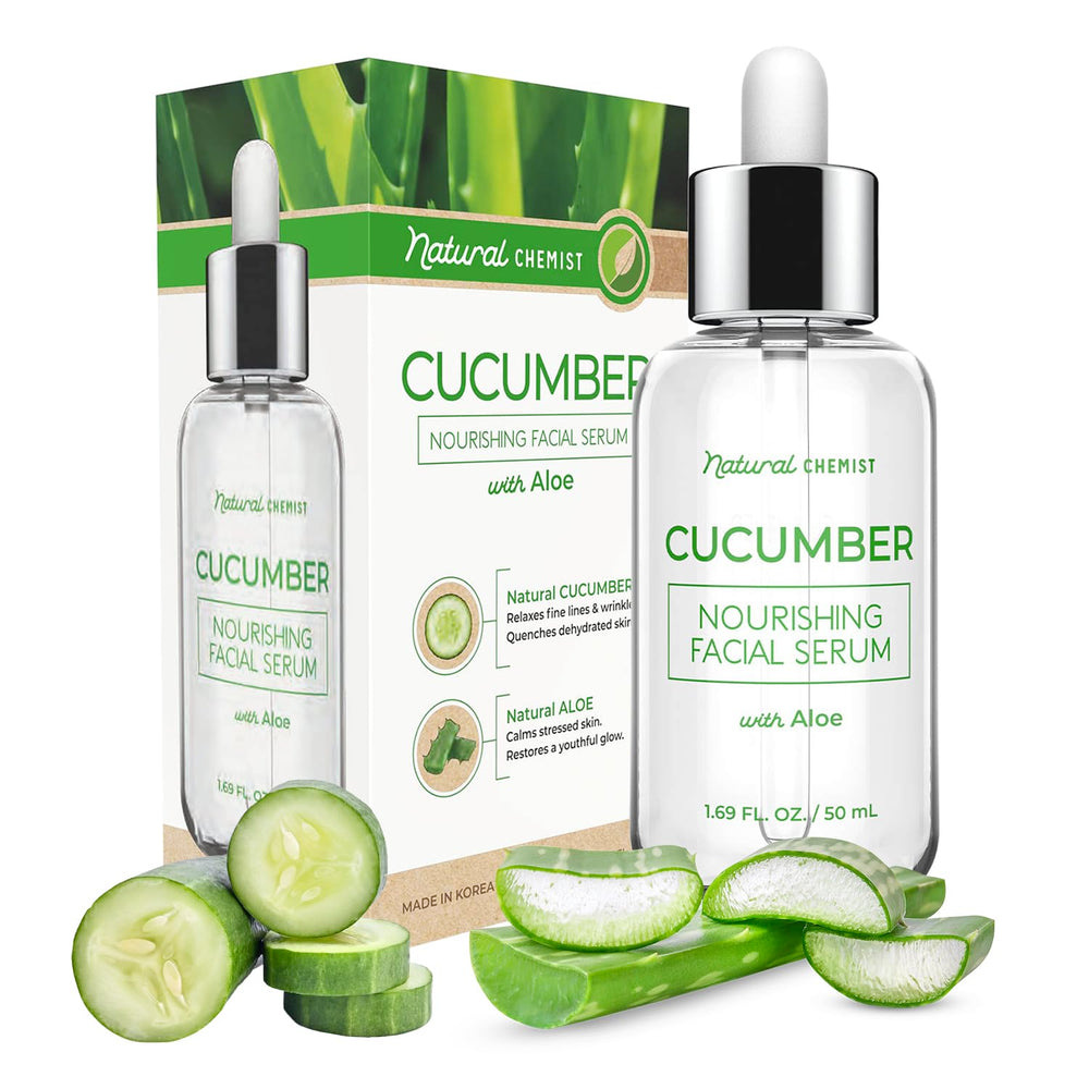 Natural Chemist Cucumber Aloe Serum bottle showing hydrating formula for all skin types