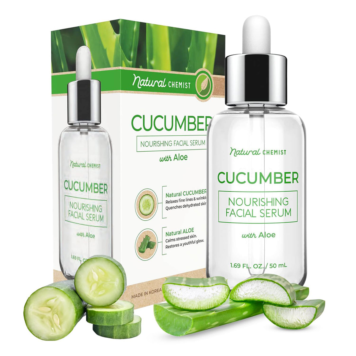 Natural Chemist Cucumber Aloe Serum bottle showing hydrating formula for all skin types