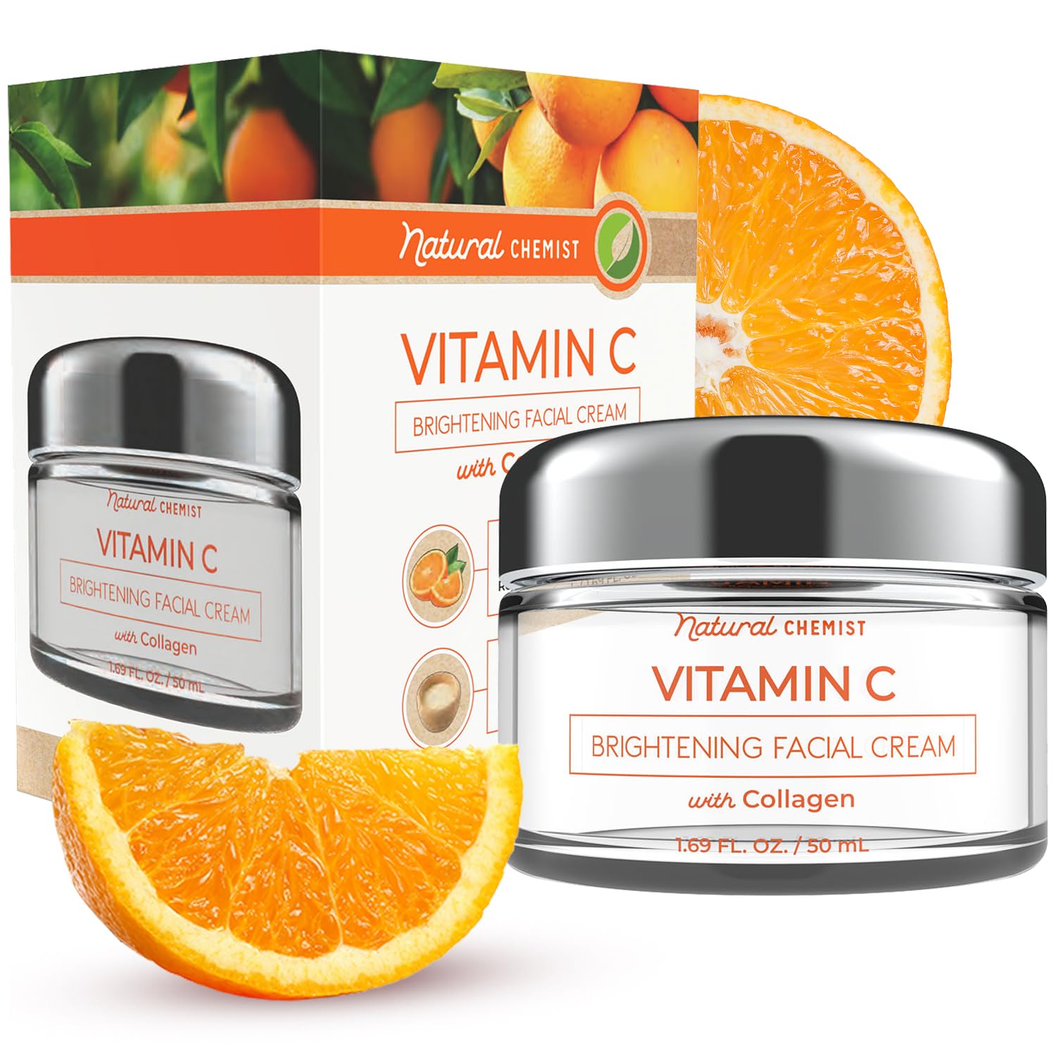 Natural Chemist Vitamin C & Collagen Day Cream bottle brightens skin and protects against daily stress