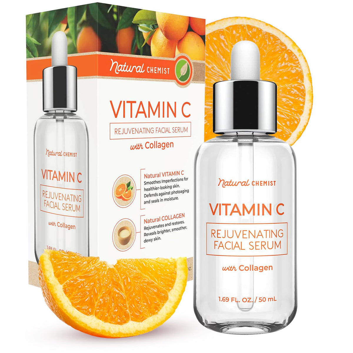 Natural Chemist Vitamin C Serum bottle shows brightening potential.