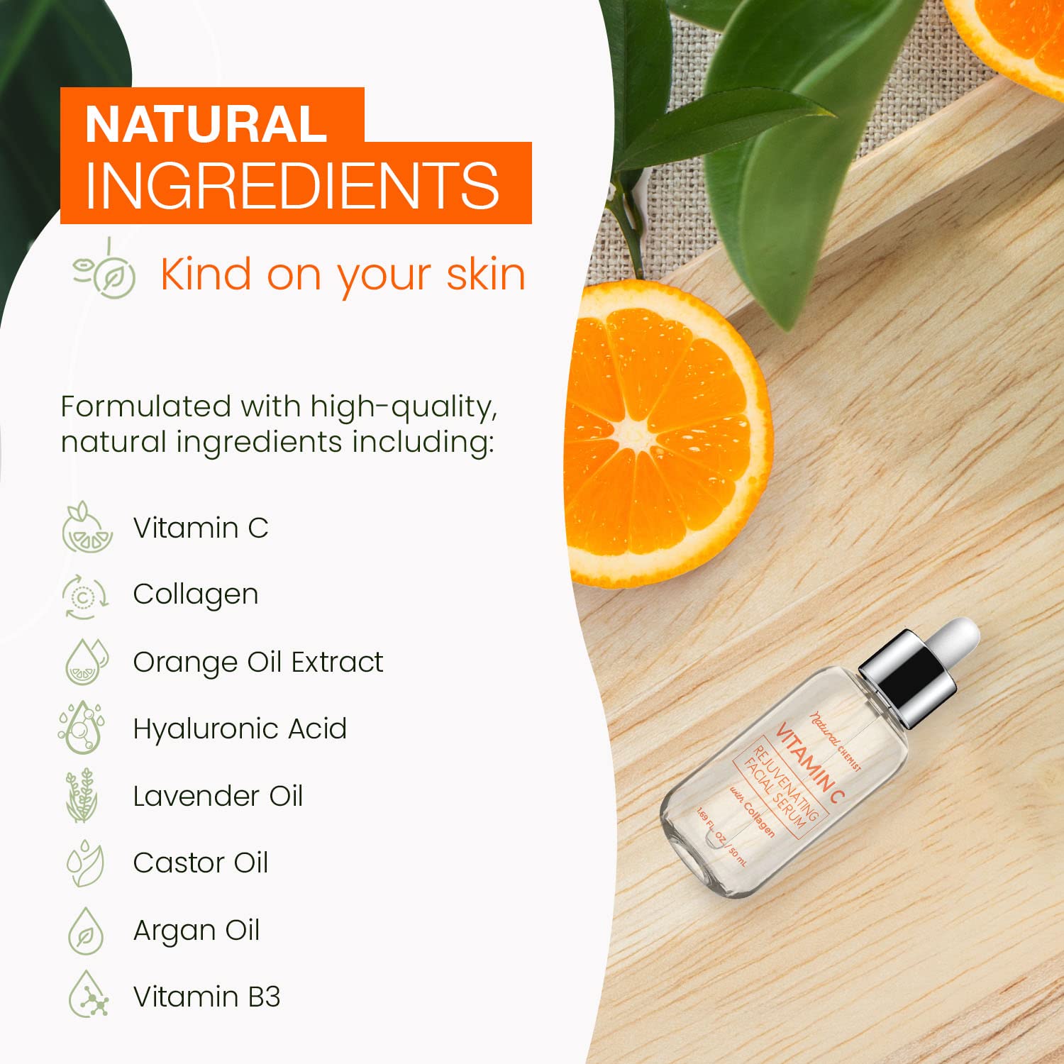 Natural Chemist Vitamin C Serum glow close-up highlights illuminating formula.