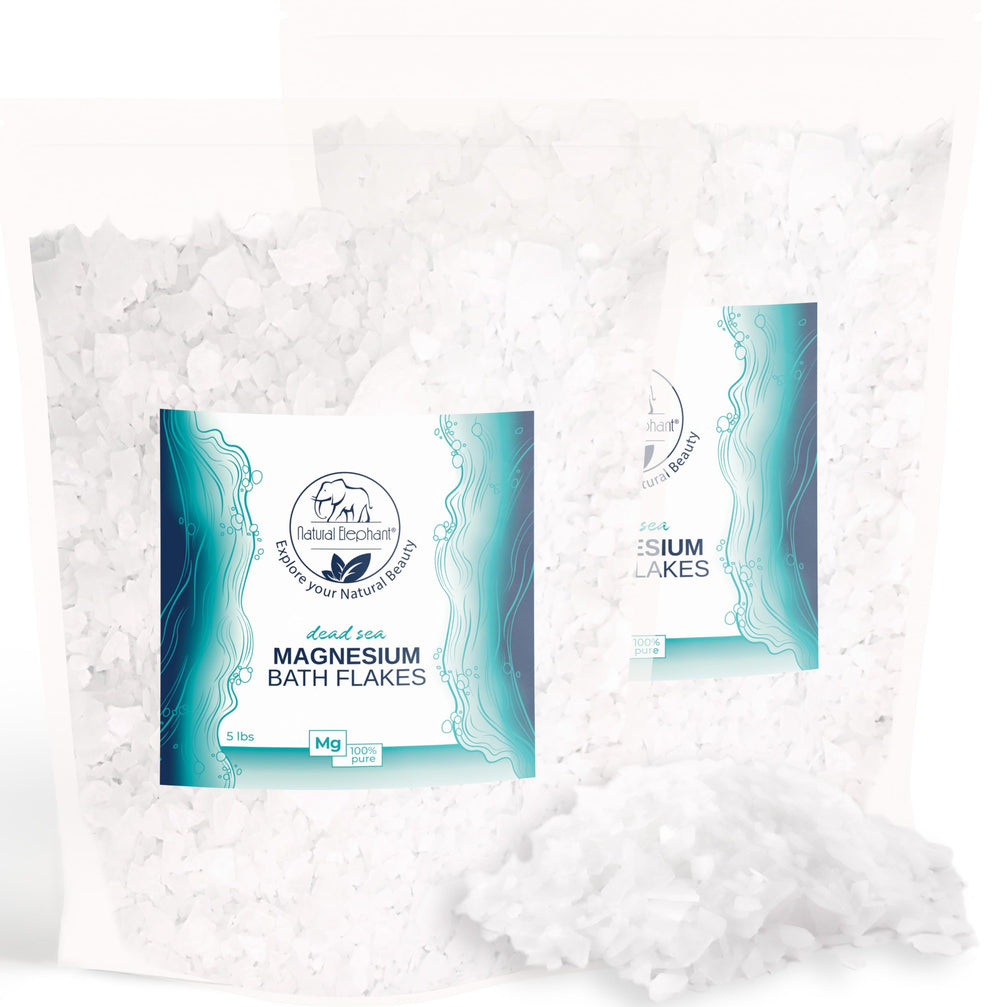 Natural Elephant Dead Sea bath flakes in a bag ready for a relaxing mineral soak.