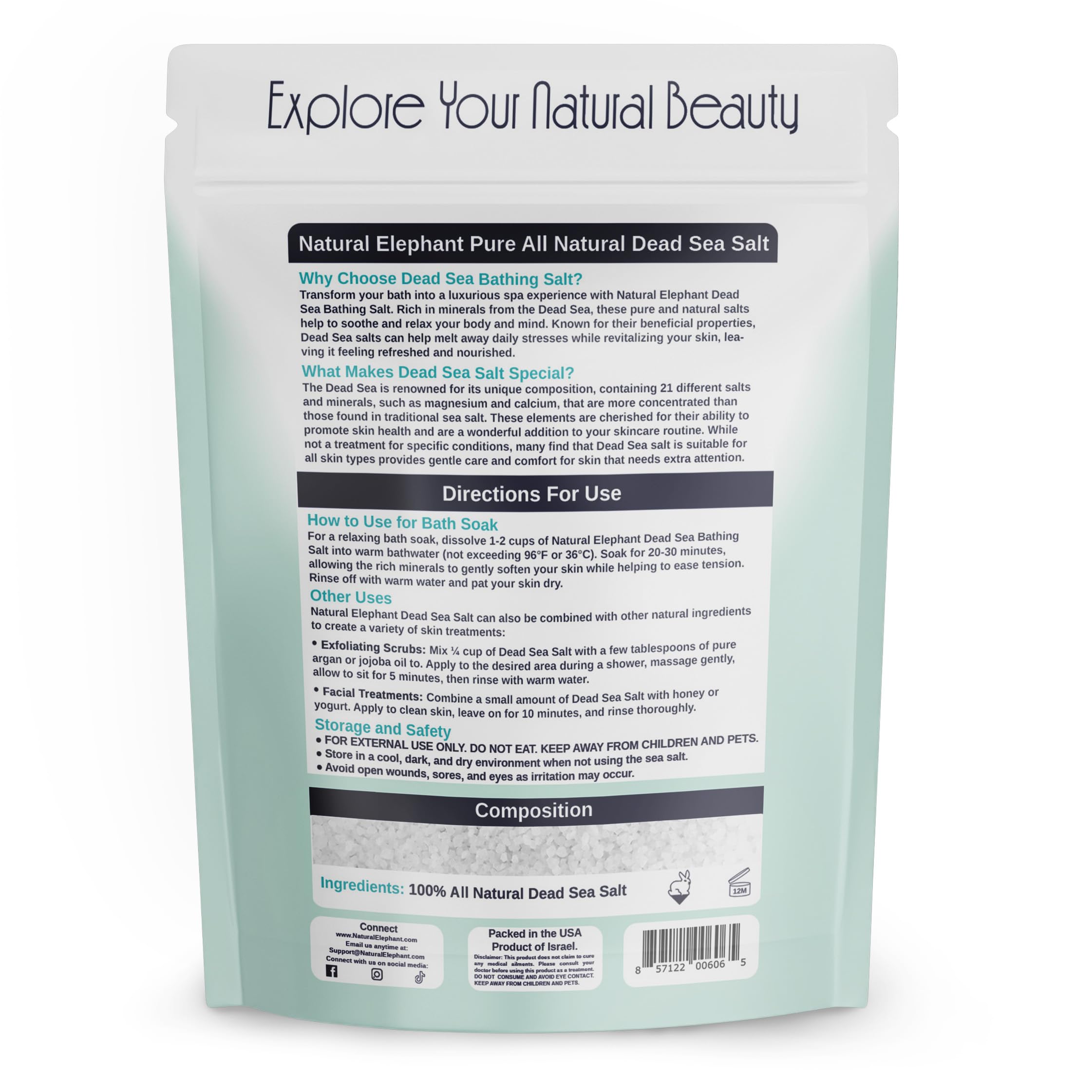 Natural Elephant Dead Sea Bath Salt with coarse grains for gentle exfoliation