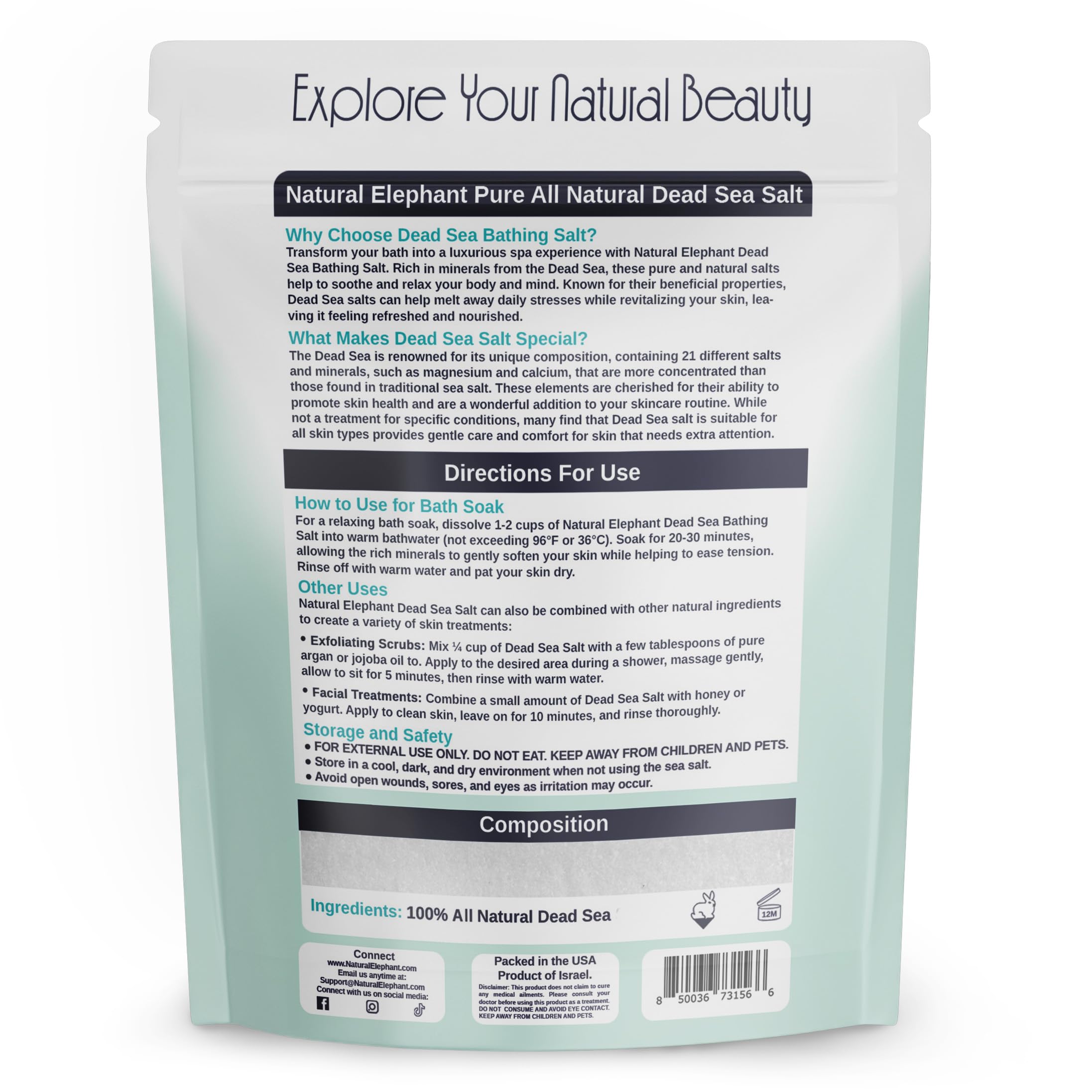 Natural Elephant Dead Sea Salt fine grain provides delicate exfoliation for smoother skin.