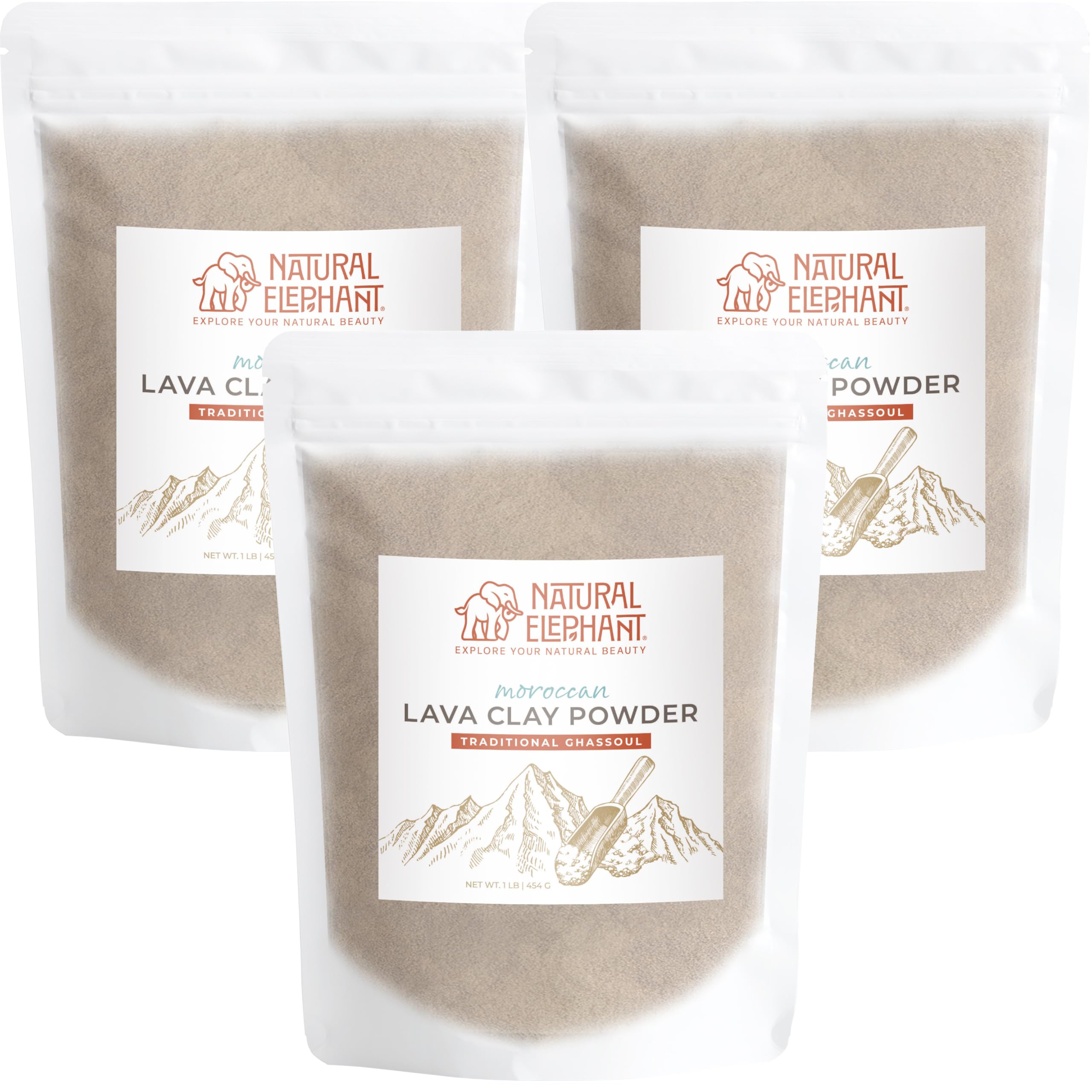 Natural Elephant Ghassoul clay powder: fine texture ideal for gentle mineral-rich masks.