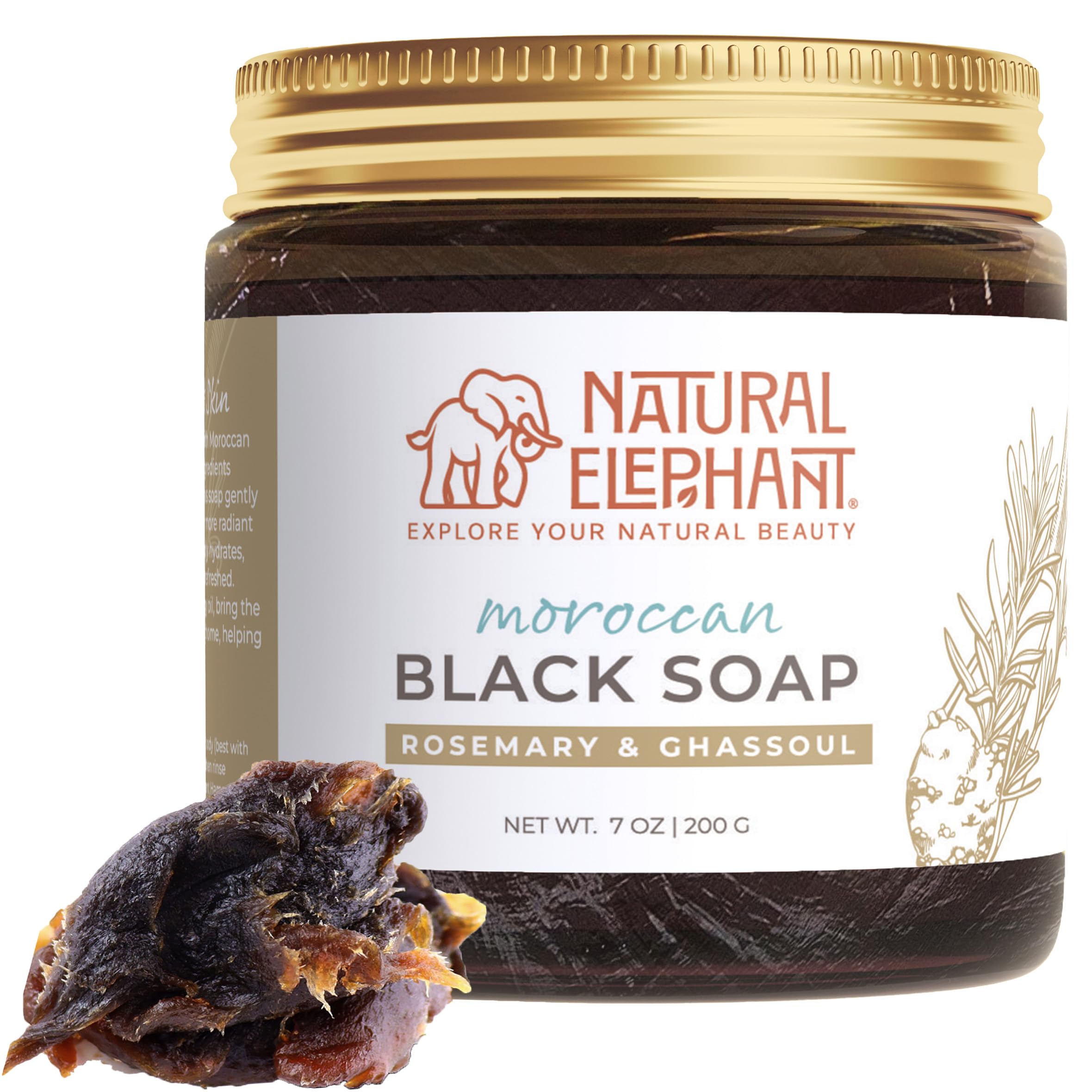 Natural Elephant Moroccan Black Soap label highlighting traditional ingredients for authentic hammam care
