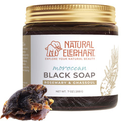 Natural Elephant Moroccan Black Soap label highlighting traditional ingredients for authentic hammam care