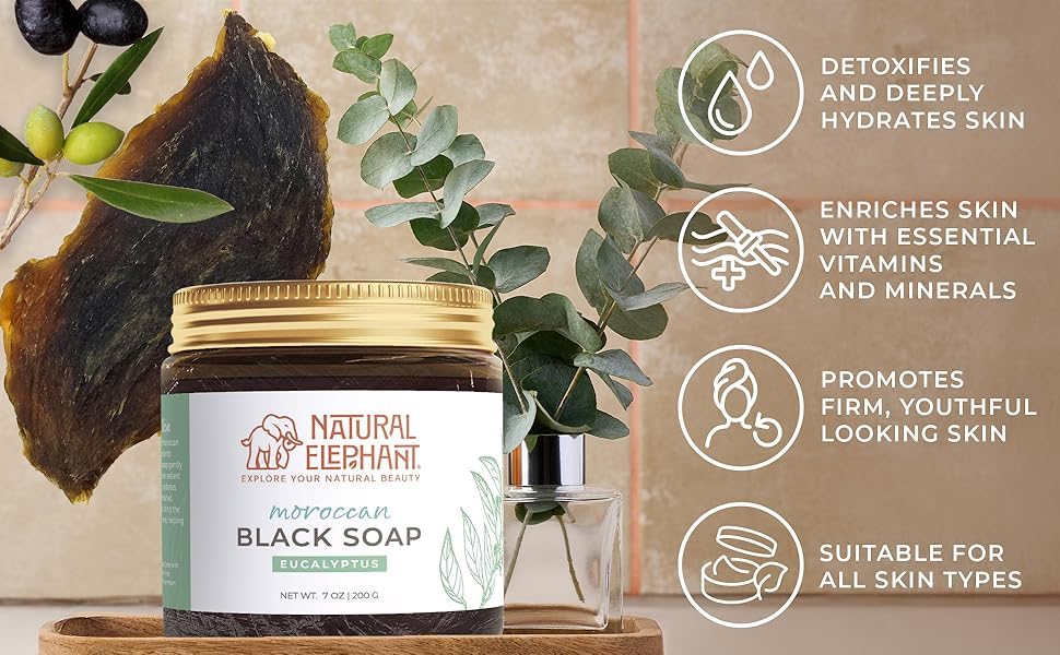 Natural Elephant Moroccan Black Soap olive-oil-rich texture ready for daily exfoliating cleanse