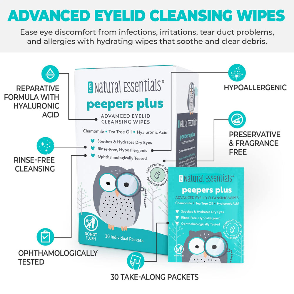 Compact 30 sachets of Peepers Plus for convenient, rinse-free cleansing