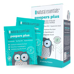 Peepers Plus eyelid wipes packaging shown for travel-ready eye care