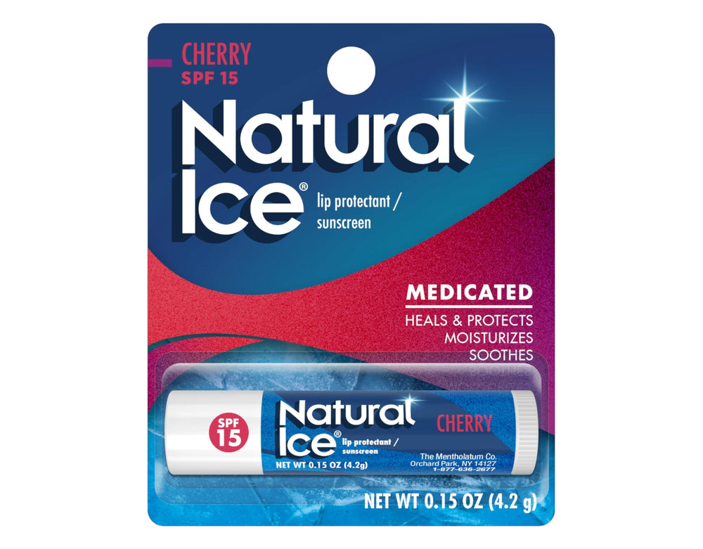 Natural Ice cherry lip balm on lip shows gloss and comfortable protection