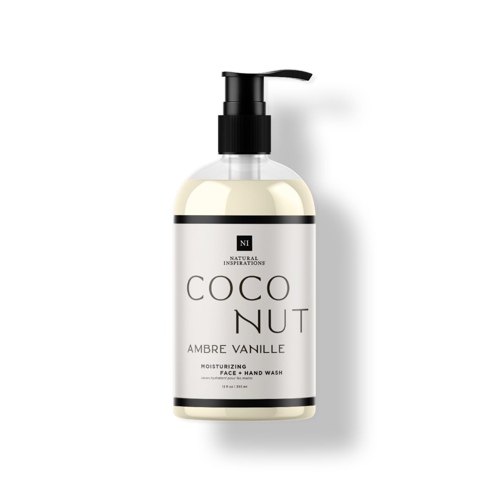 Natural Inspirations coconut amber vanilla bottle closeup showing gentle cleansing