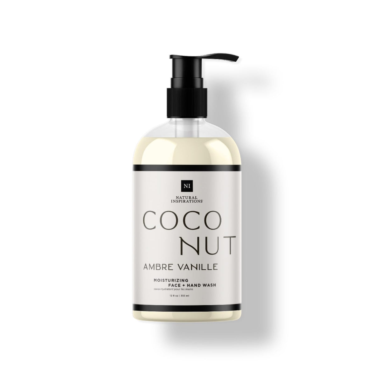 Natural Inspirations coconut amber vanilla bottle closeup showing gentle cleansing