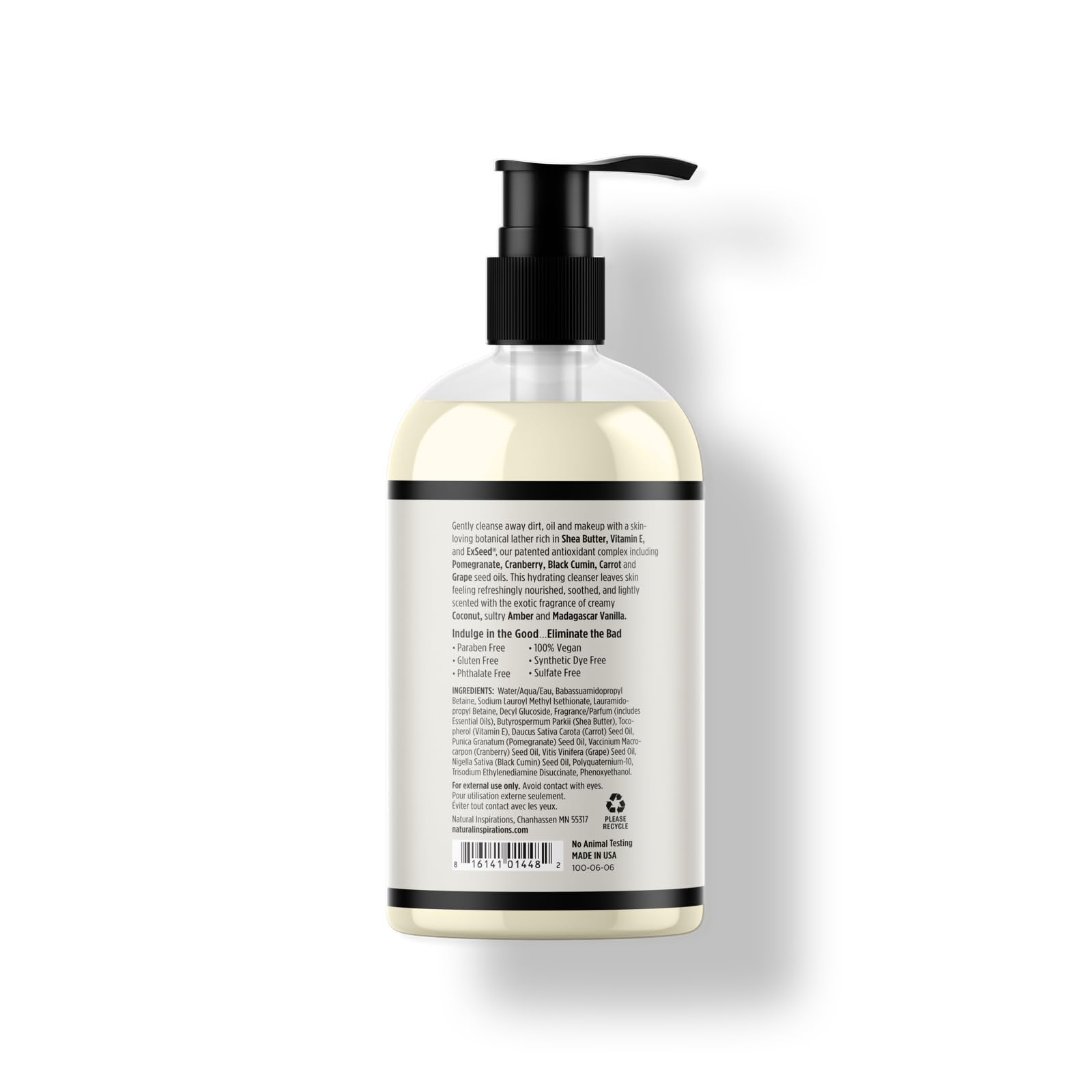 Natural Inspirations coconut amber vanilla lather demonstrates sulfate-free cleansing