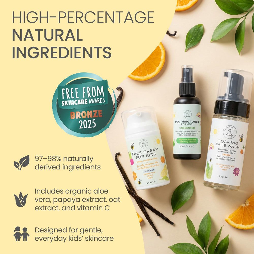 Award-winning set packaging highlights bronze status and gentle formula.