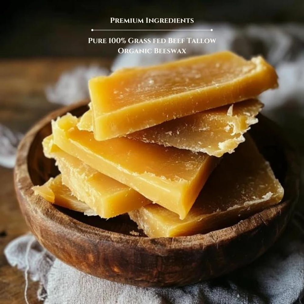 Natural Organic Storefront Beef Tallow Lip Balm ingredient detail features tallow and beeswax.