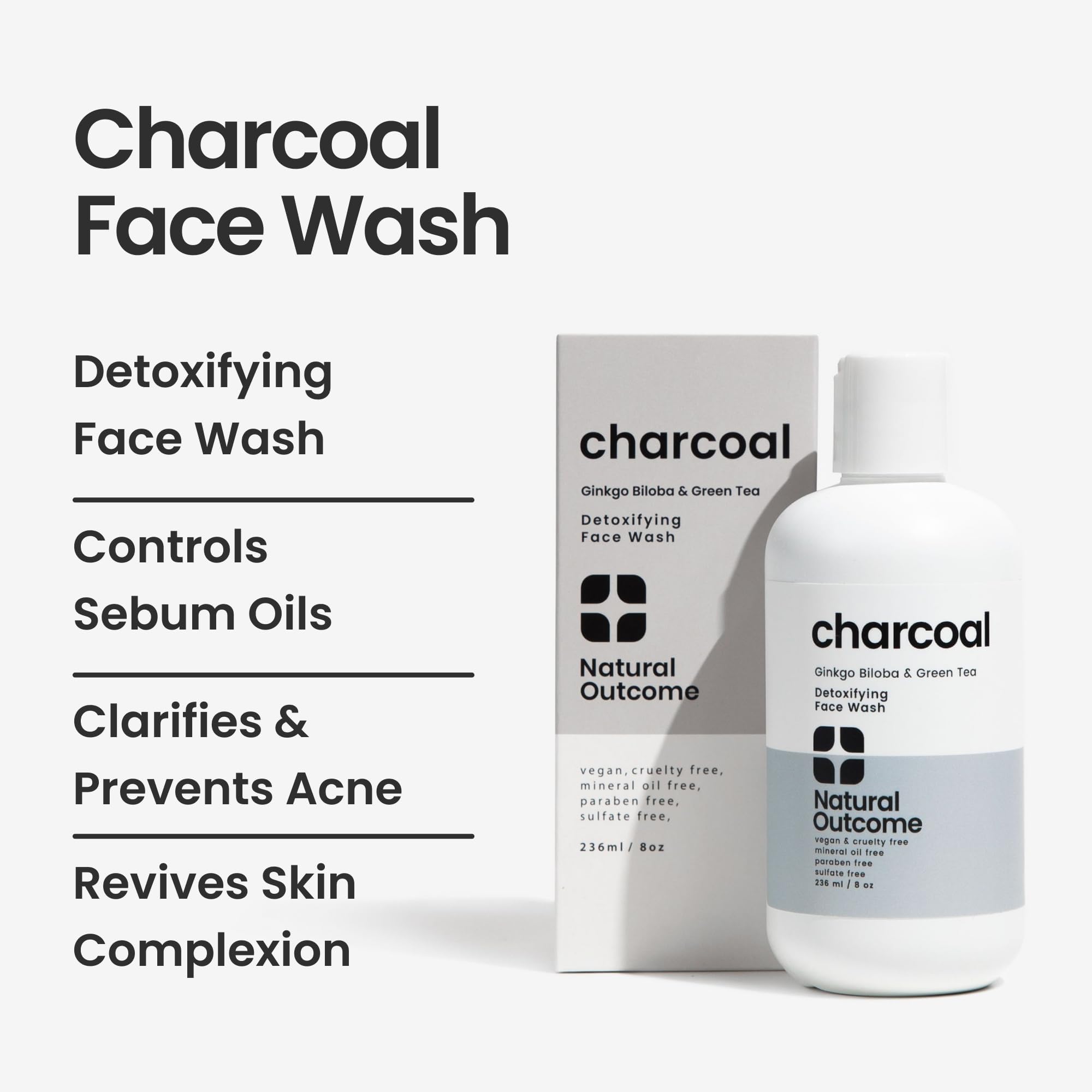 Natural Outcome Charcoal Face Wash foamy lather highlighting gentle pore cleansing.