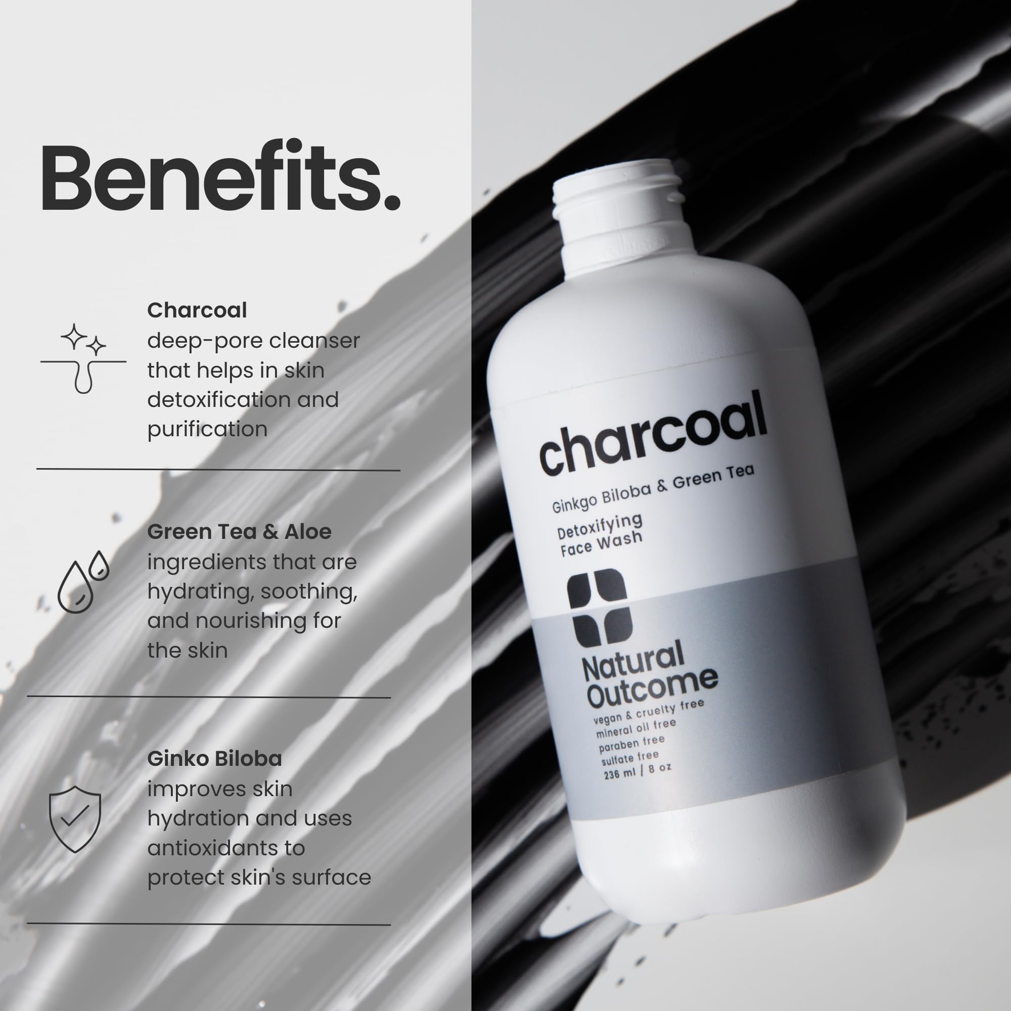 Natural Outcome Charcoal Face Wash ginkgo biloba leaves hint antioxidant support.