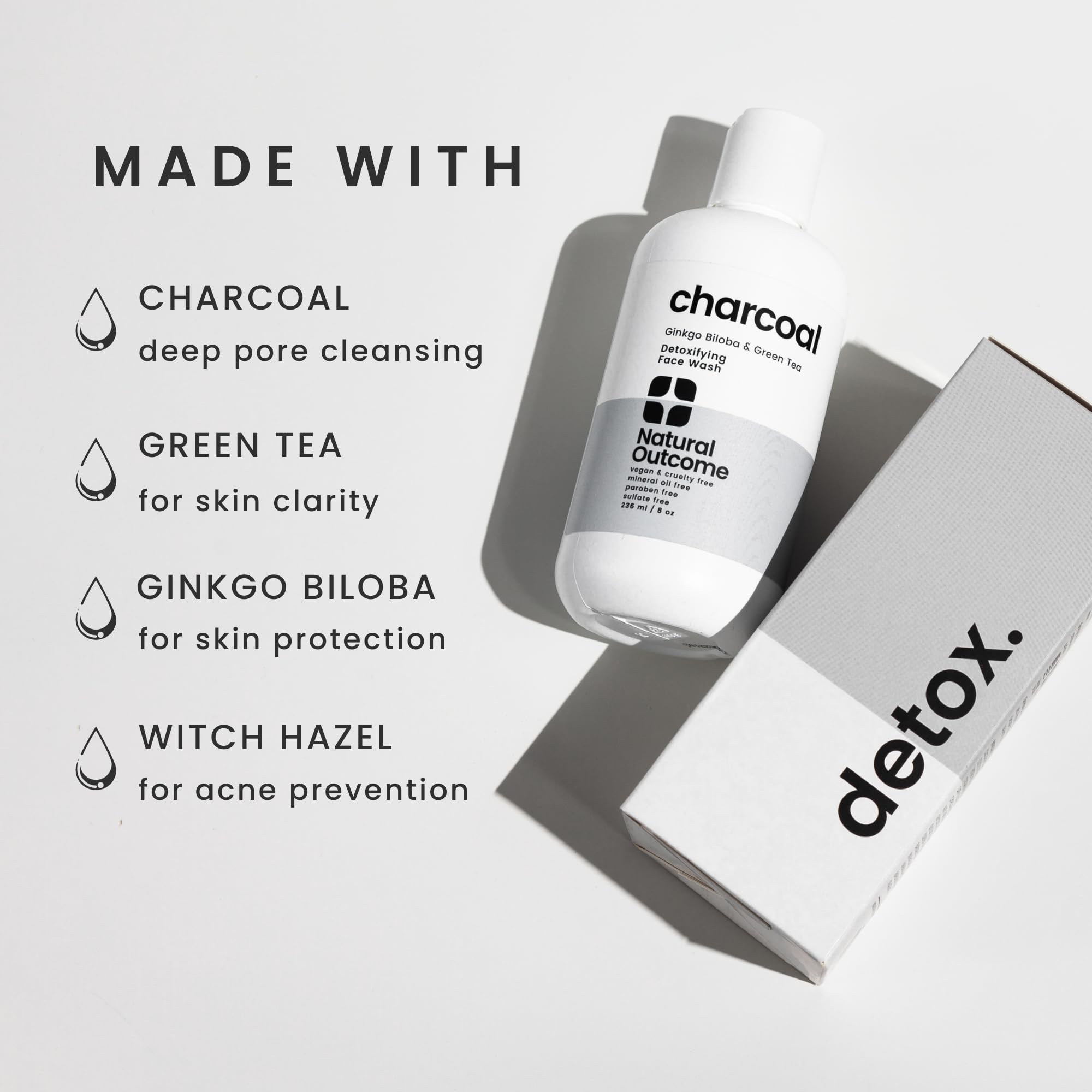 Natural Outcome Charcoal Face Wash green tea extract visible close-up for refreshing cleanse.