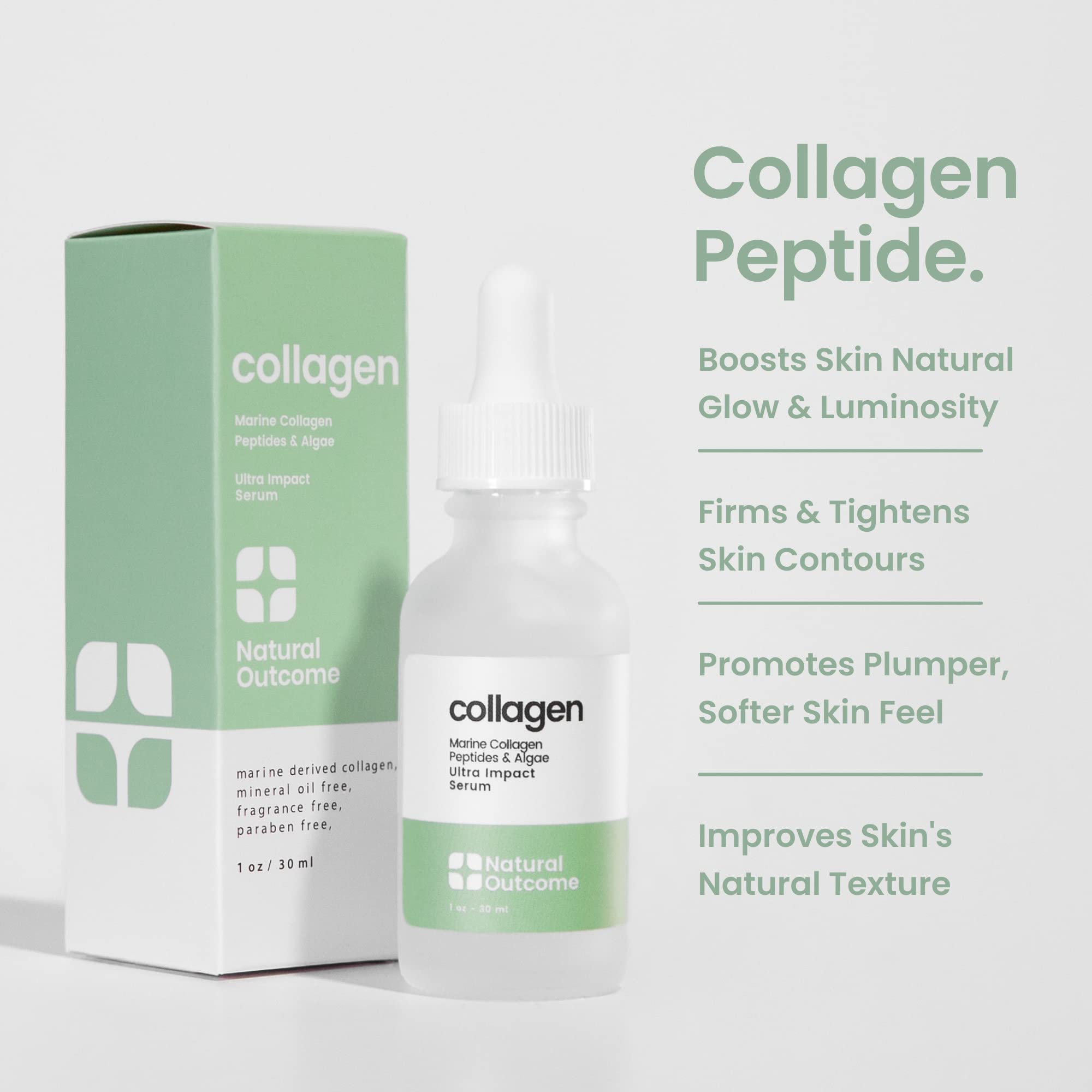 Natural Outcome collagen serum dropper distributes the lightweight formula for smoother skin.
