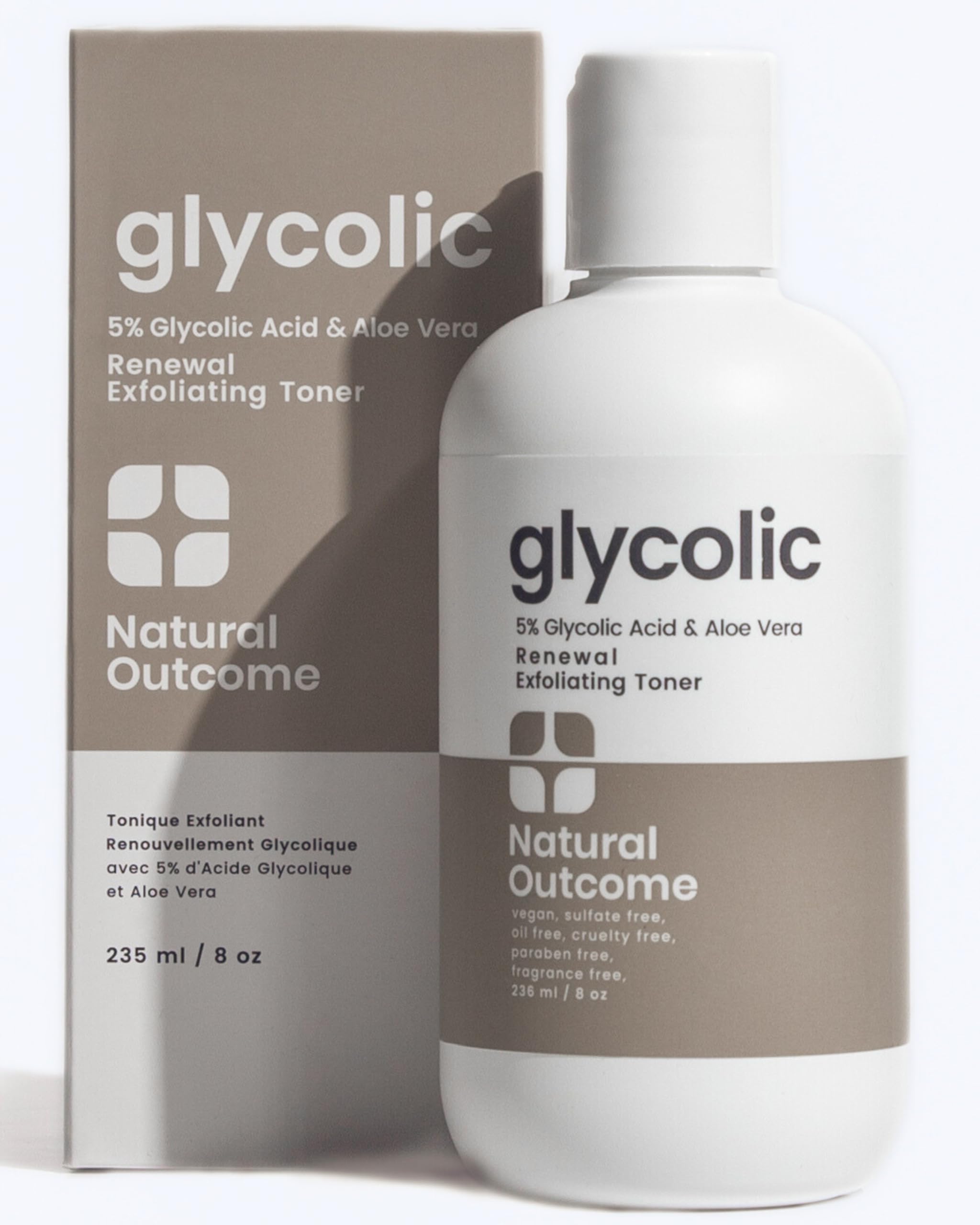 Natural Outcome Glycolic Toner bottle demonstrates gentle exfoliation for brighter skin