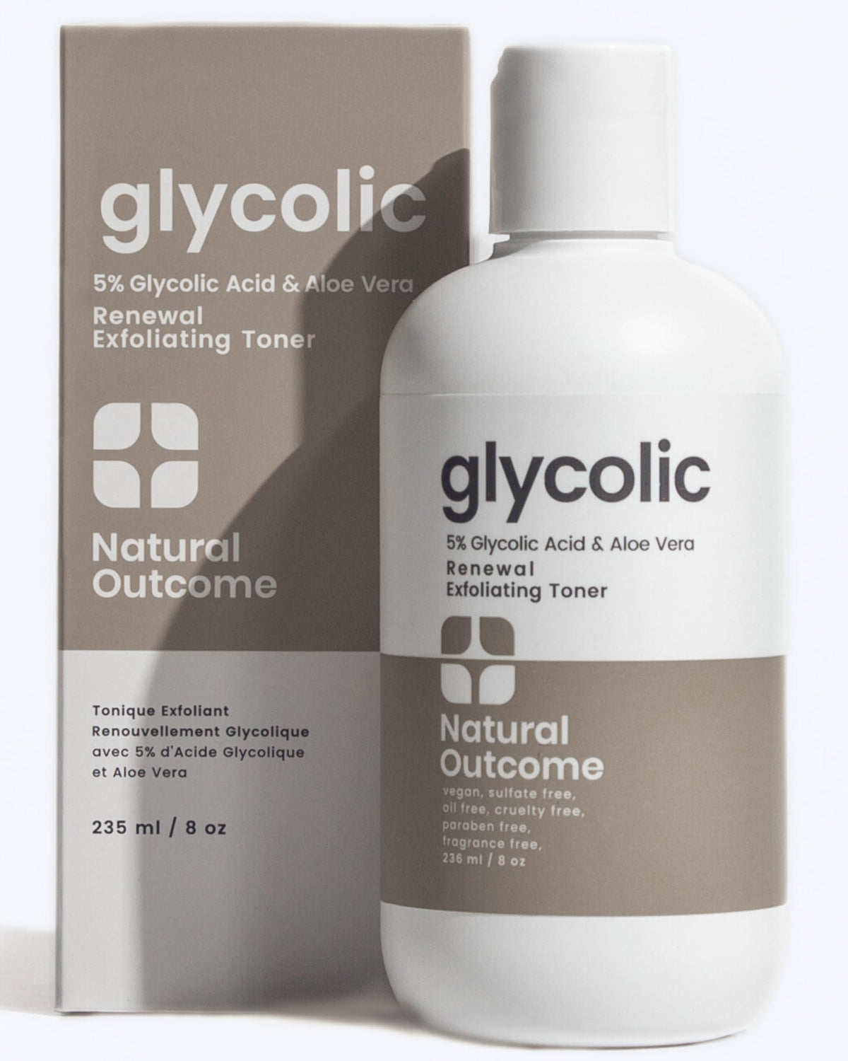 Natural Outcome Glycolic Toner bottle demonstrates gentle exfoliation for brighter skin