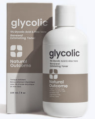 Natural Outcome Glycolic Toner bottle demonstrates gentle exfoliation for brighter skin