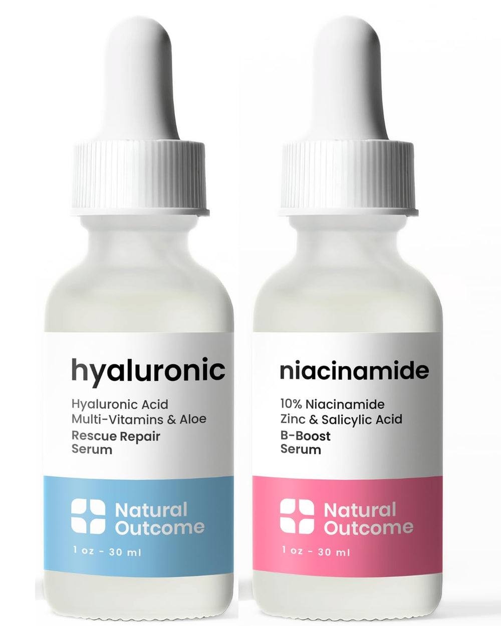 Natural Outcome hydrating hyaluronic acid serum bottle highlighting deep hydration for plump skin