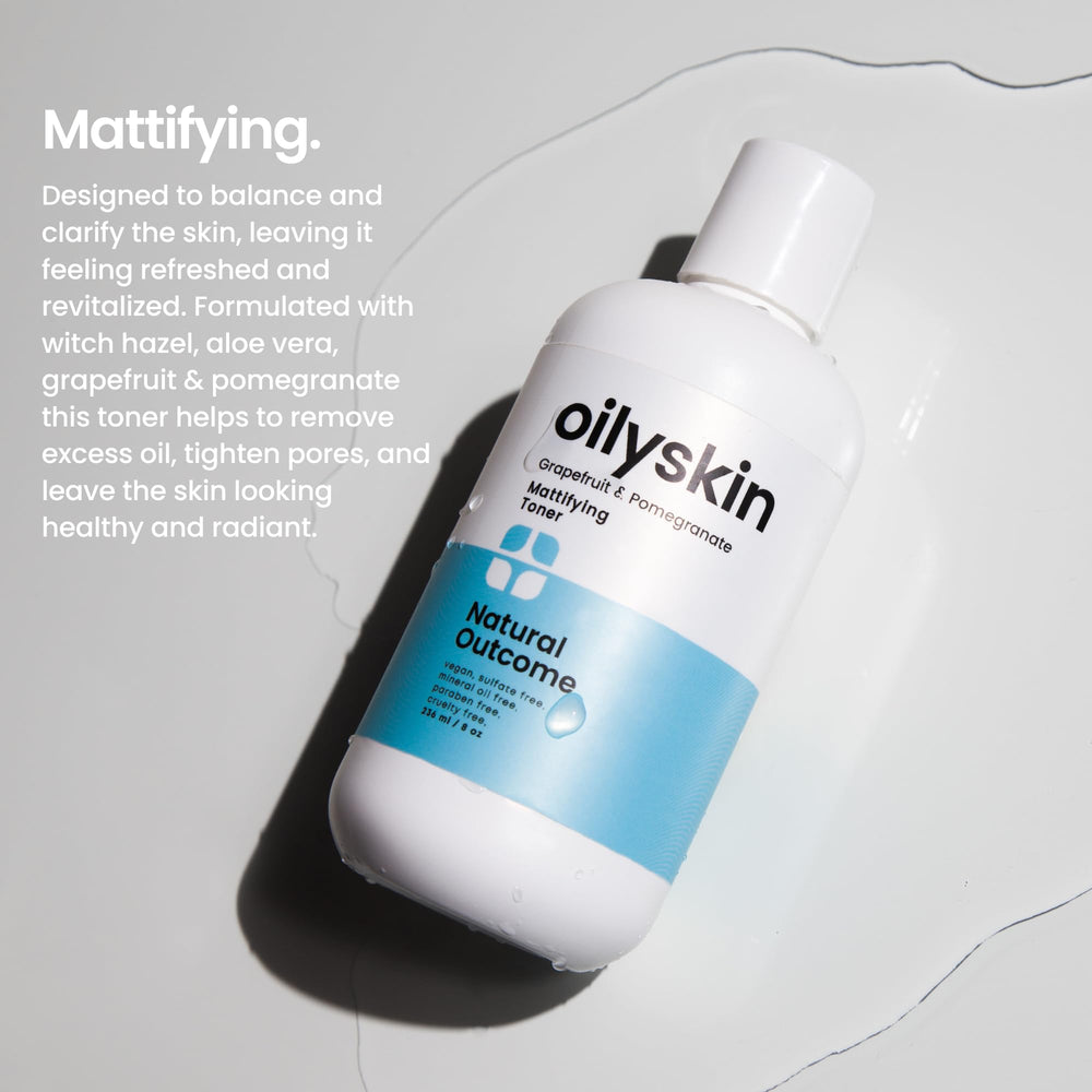 Natural Outcome ingredients highlight witch hazel, grapefruit, and pomegranate for refreshed skin.