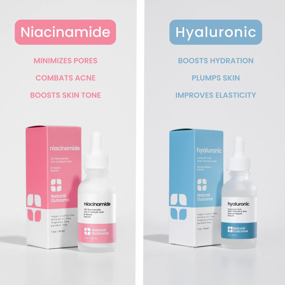 Natural Outcome niacinamide serum bottle showing pore-minimizing and tone-evening properties