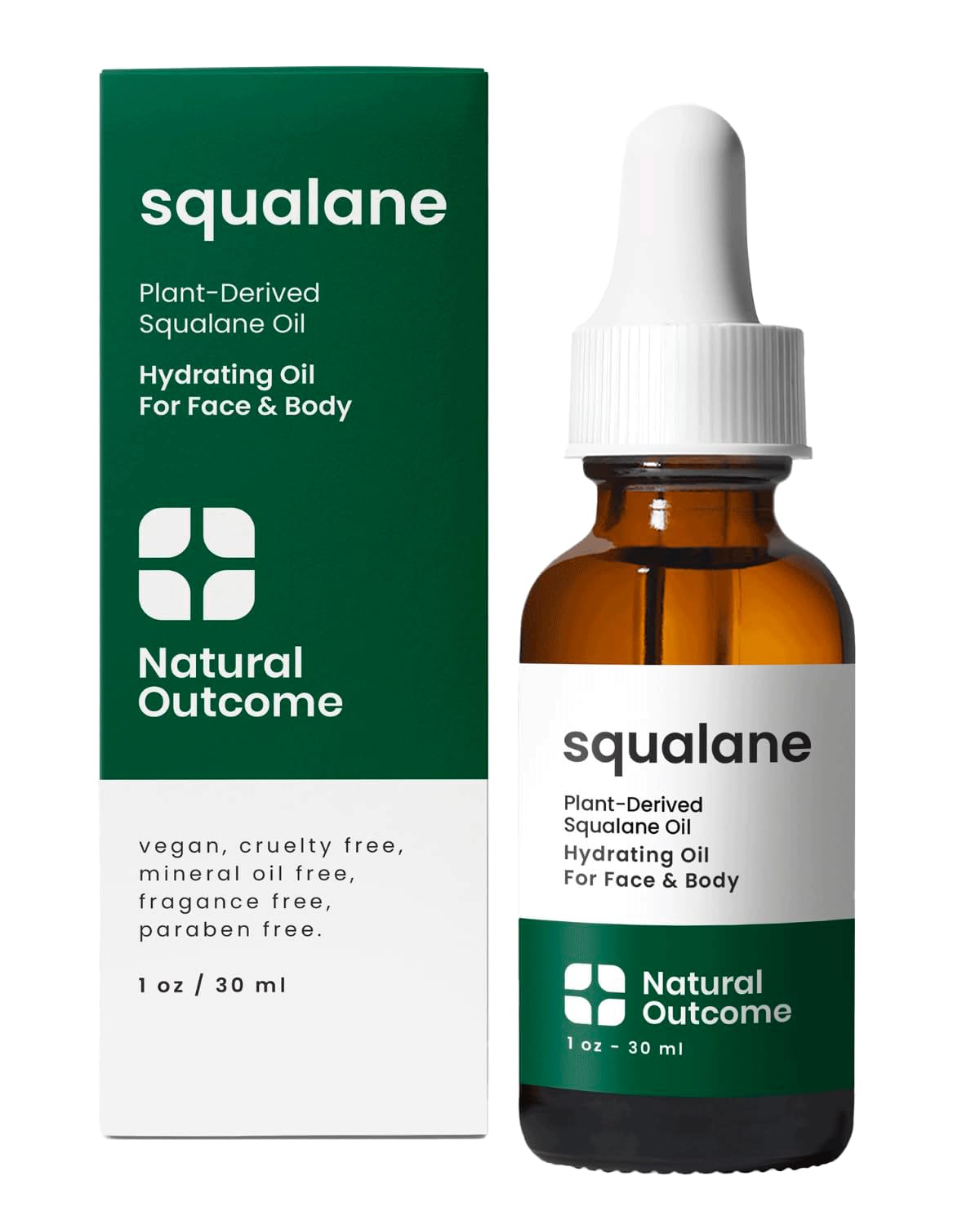 Natural Outcome Pure Squalane Oil bottle shows compact, lightweight hydration for all skin types
