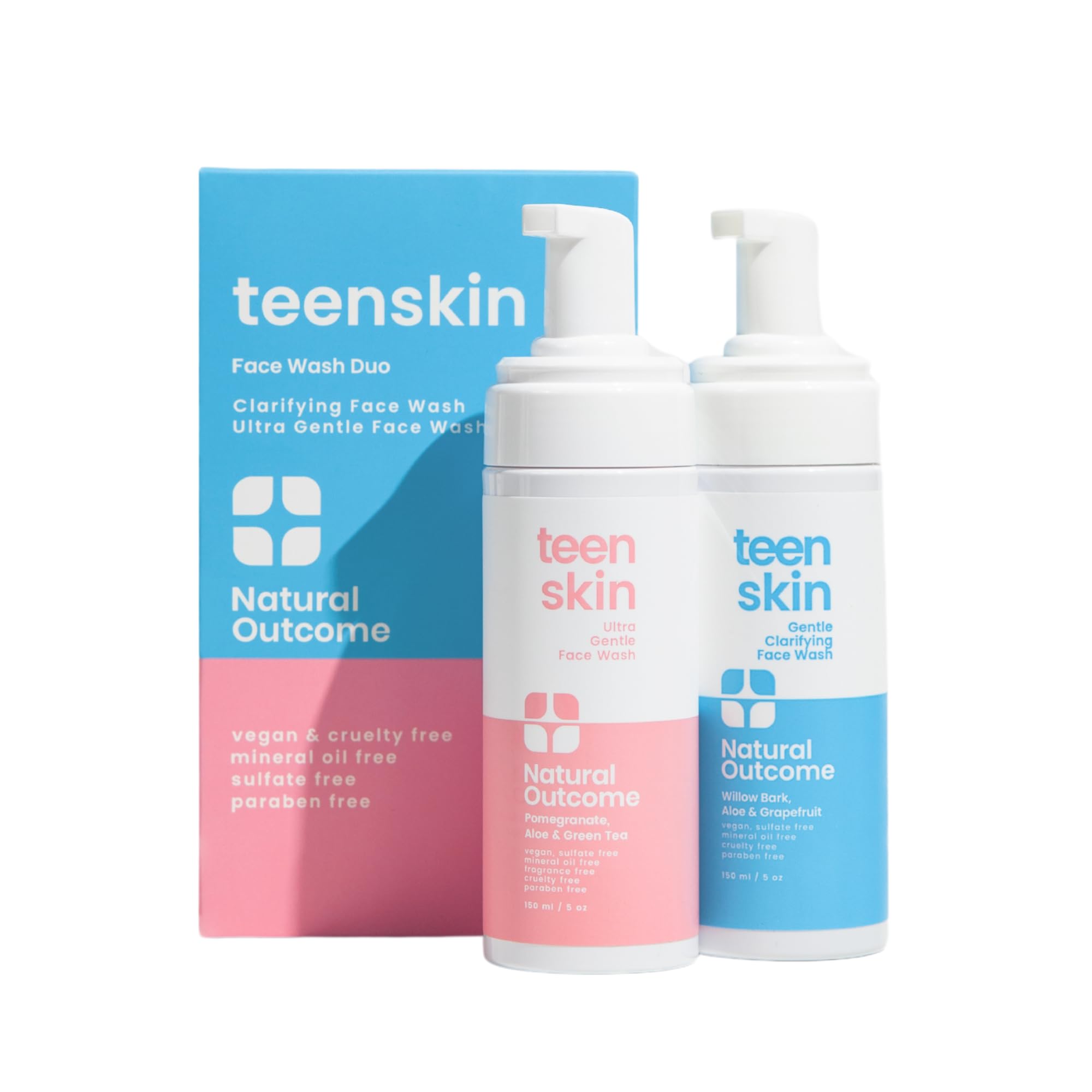 Natural Outcome Teen Skin Face Wash Duo bottles on shelf for daily gentle cleansing.