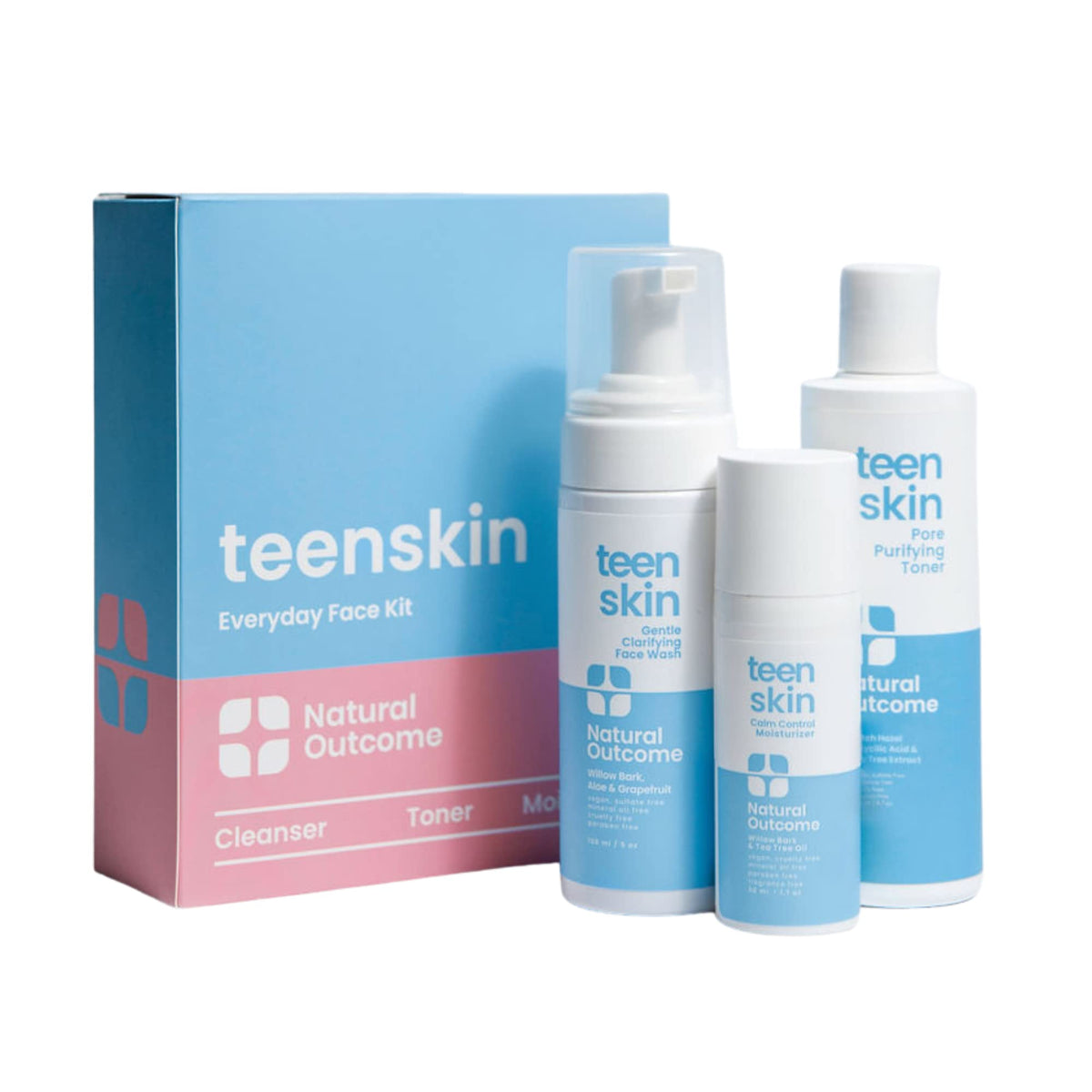 Natural Outcome Teen Skin Kit foam cleanser bottle shows gentle cleansing for teen pores.