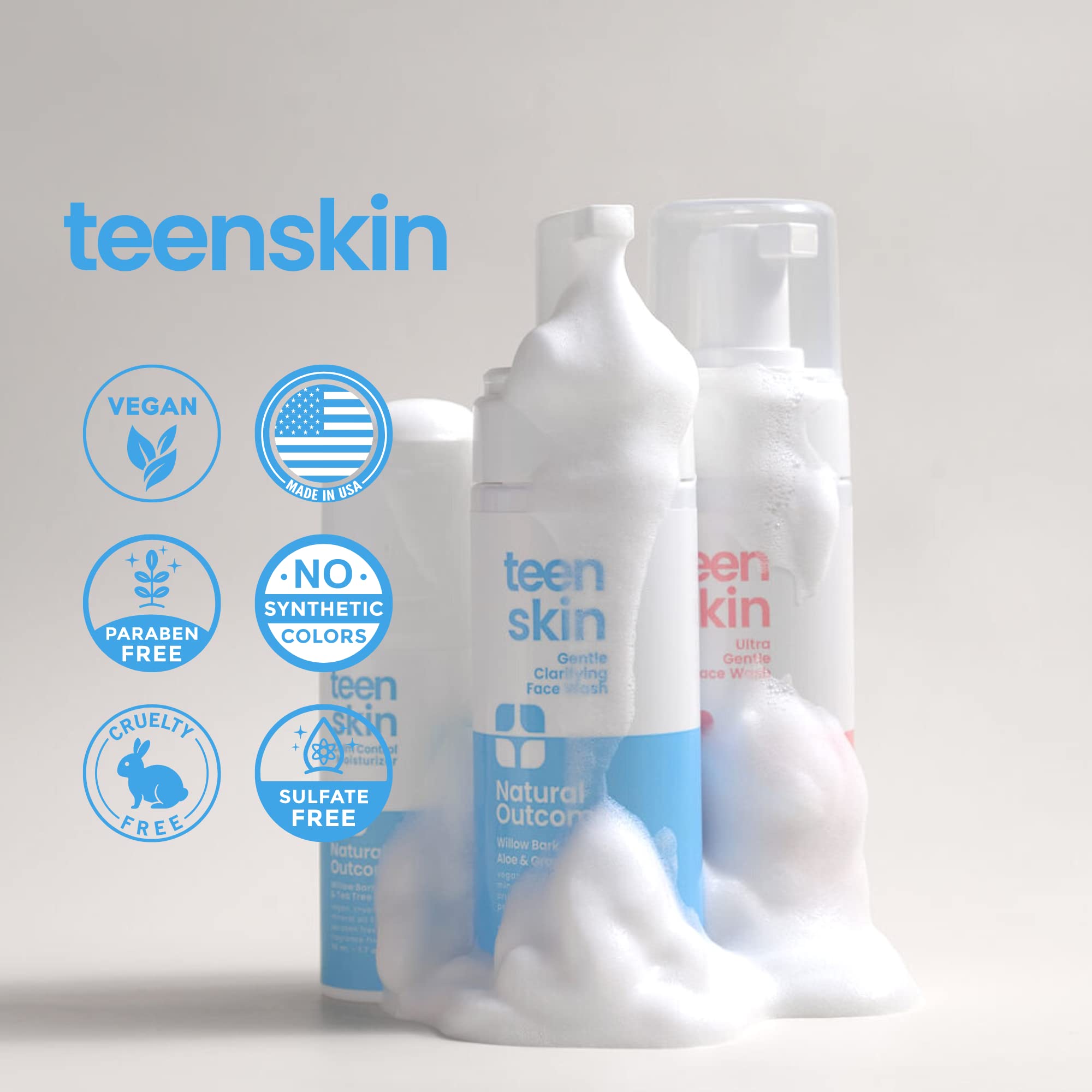 Natural Outcome Teen Skin Kit teen using cleanser during daily routine.