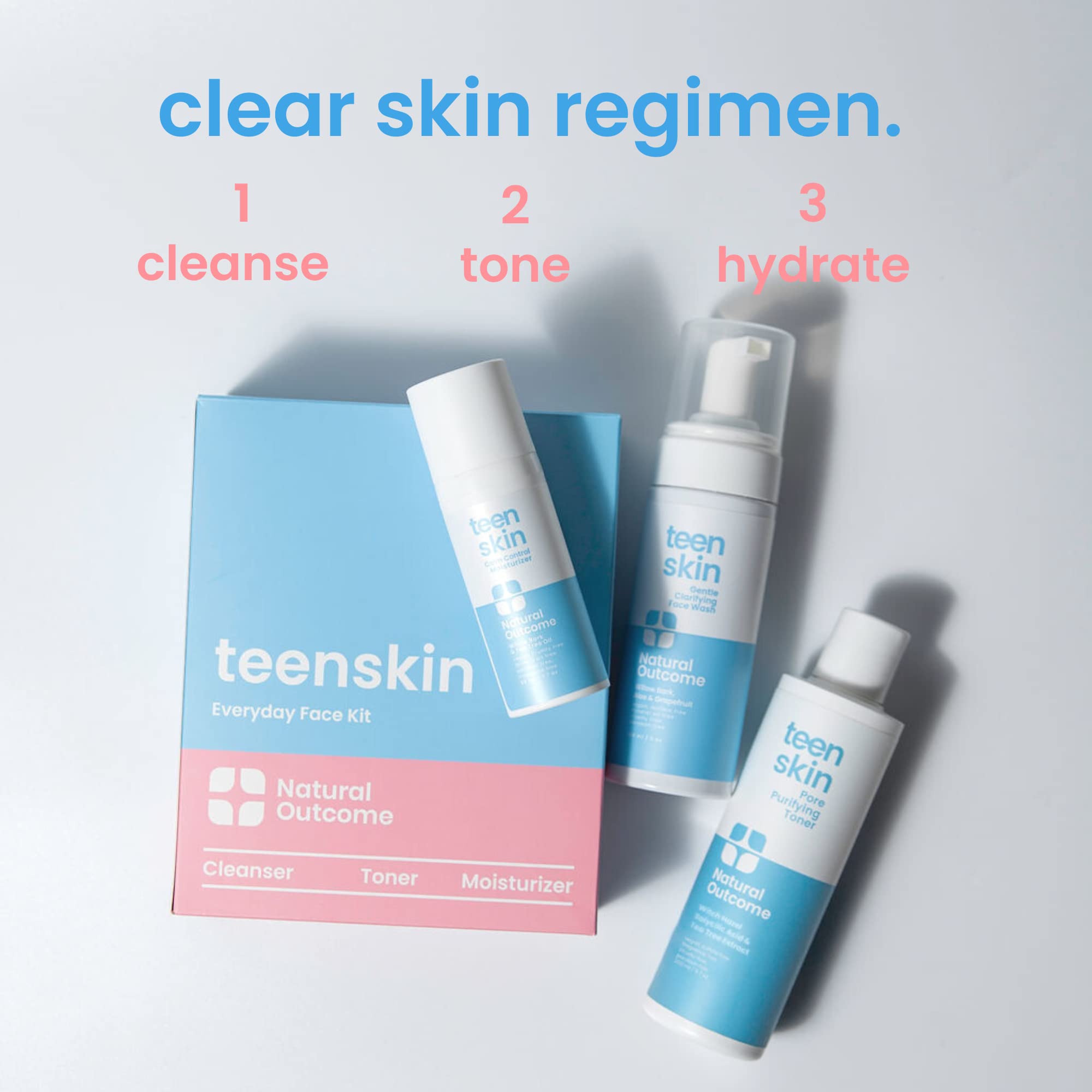 Natural Outcome Teen Skin Kit toner bottle highlights pore refining for teen skin.