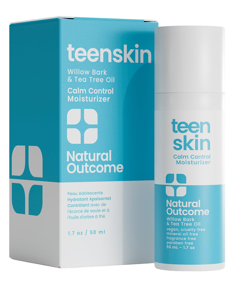 Natural Outcome Teen Skin Calm Control Moisturizer bottle shows oil-control in a matte finish.