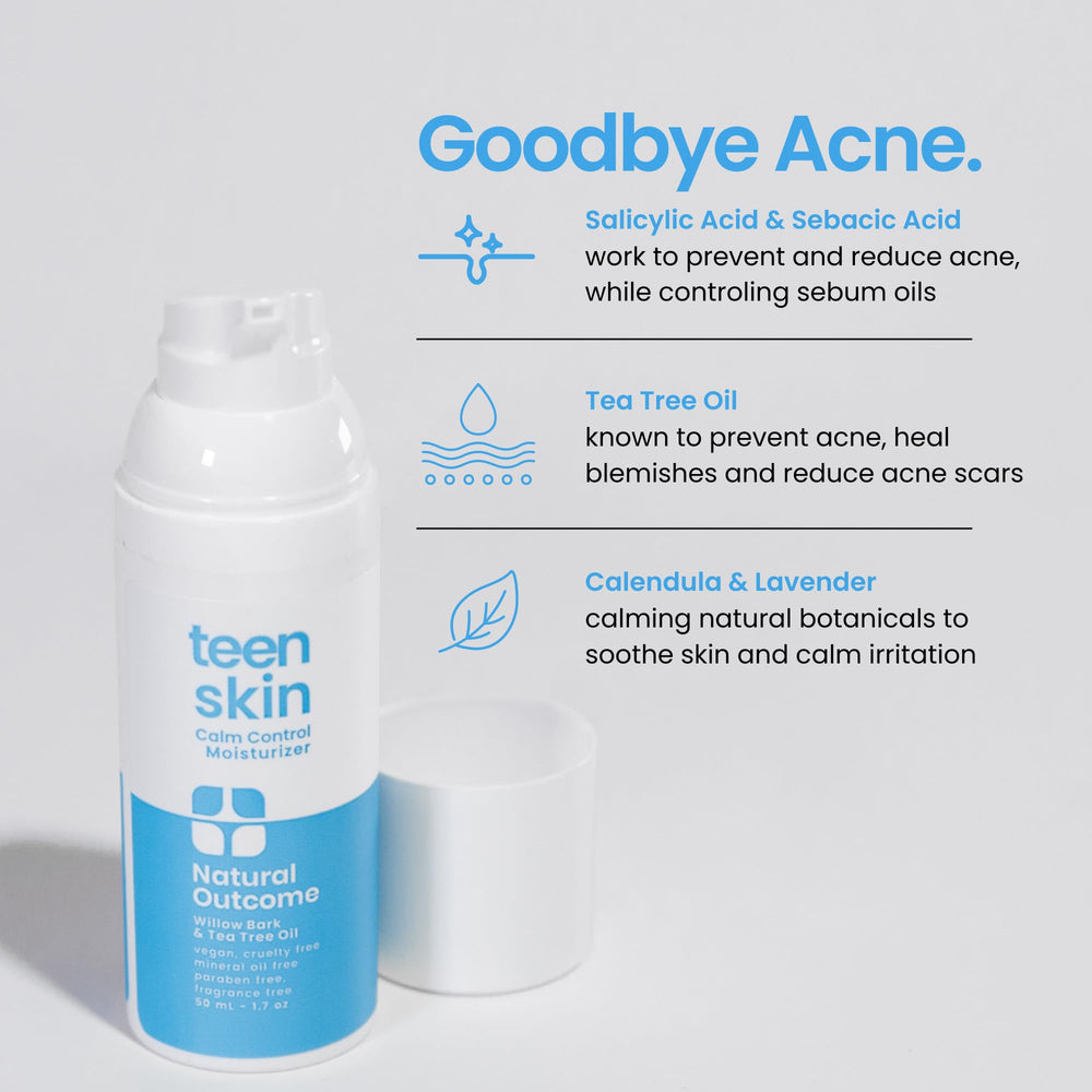 Natural Outcome Teen Skin Calm Control Moisturizer tea tree oil closeup suggests fresh, light fragrance.